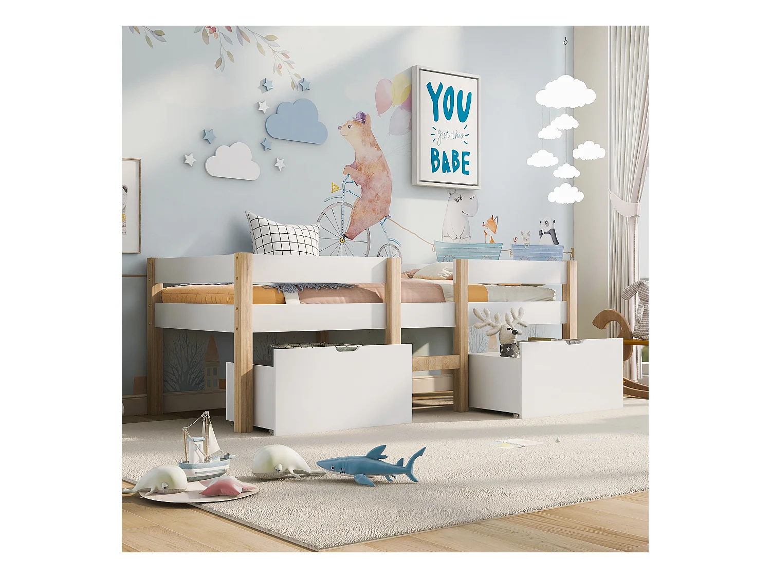 Lit mi-hauteur 90x200 cm avec tiroirs – Bois blanc (sans matelas)