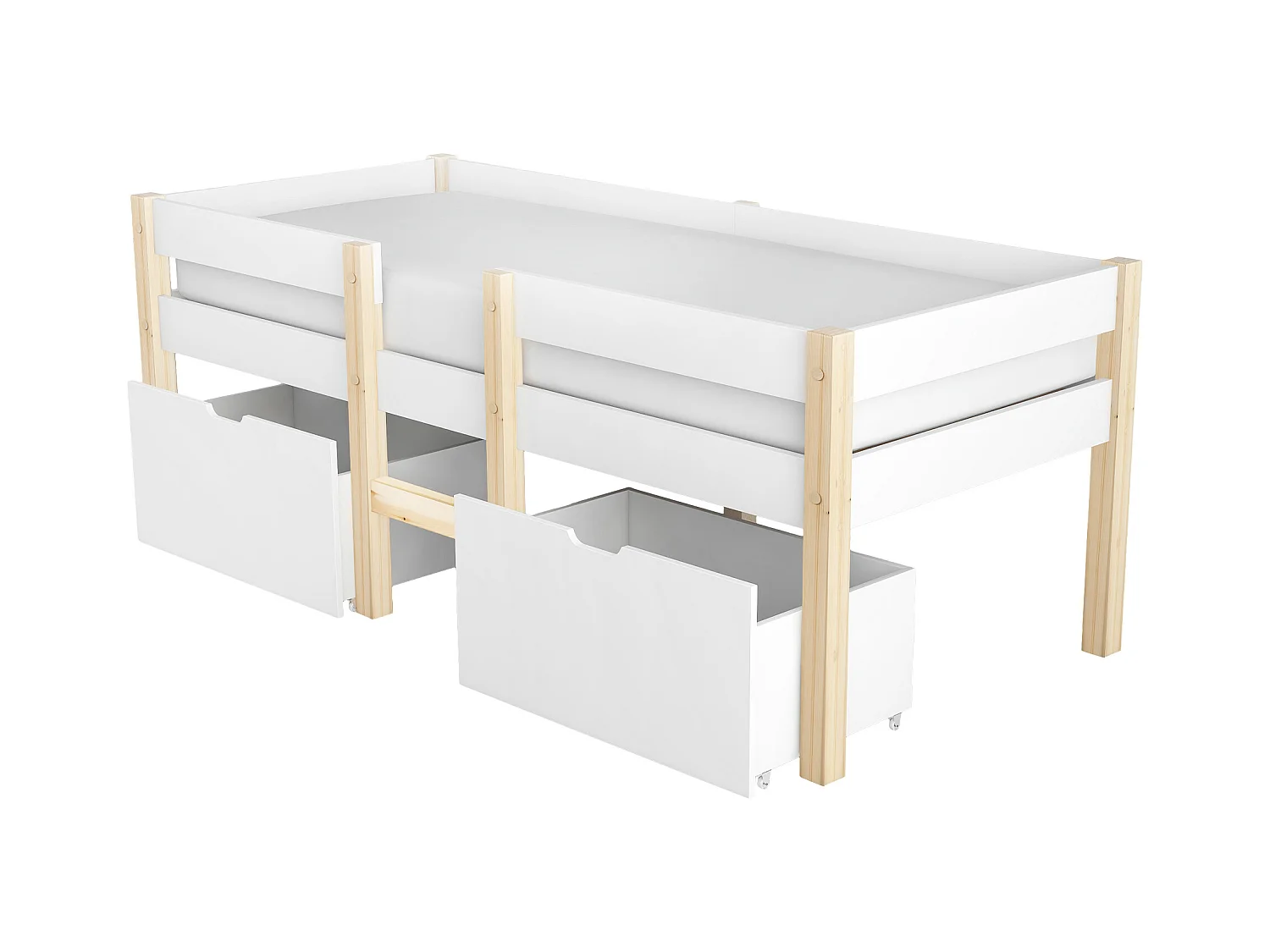 Lit mi-hauteur 90x200 cm avec tiroirs – Bois blanc (sans matelas)
