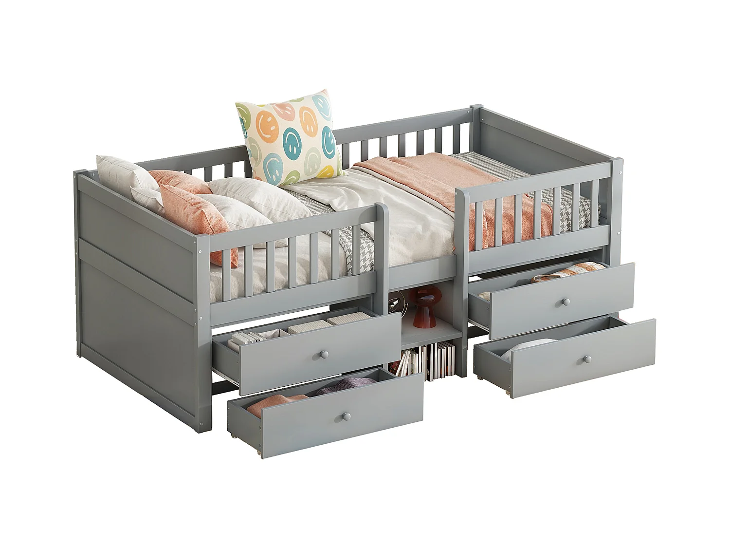 Lit surélevé 90x200 cm avec 4 tiroirs, barrière, échelle – Bois naturel, design gris (sans matelas)