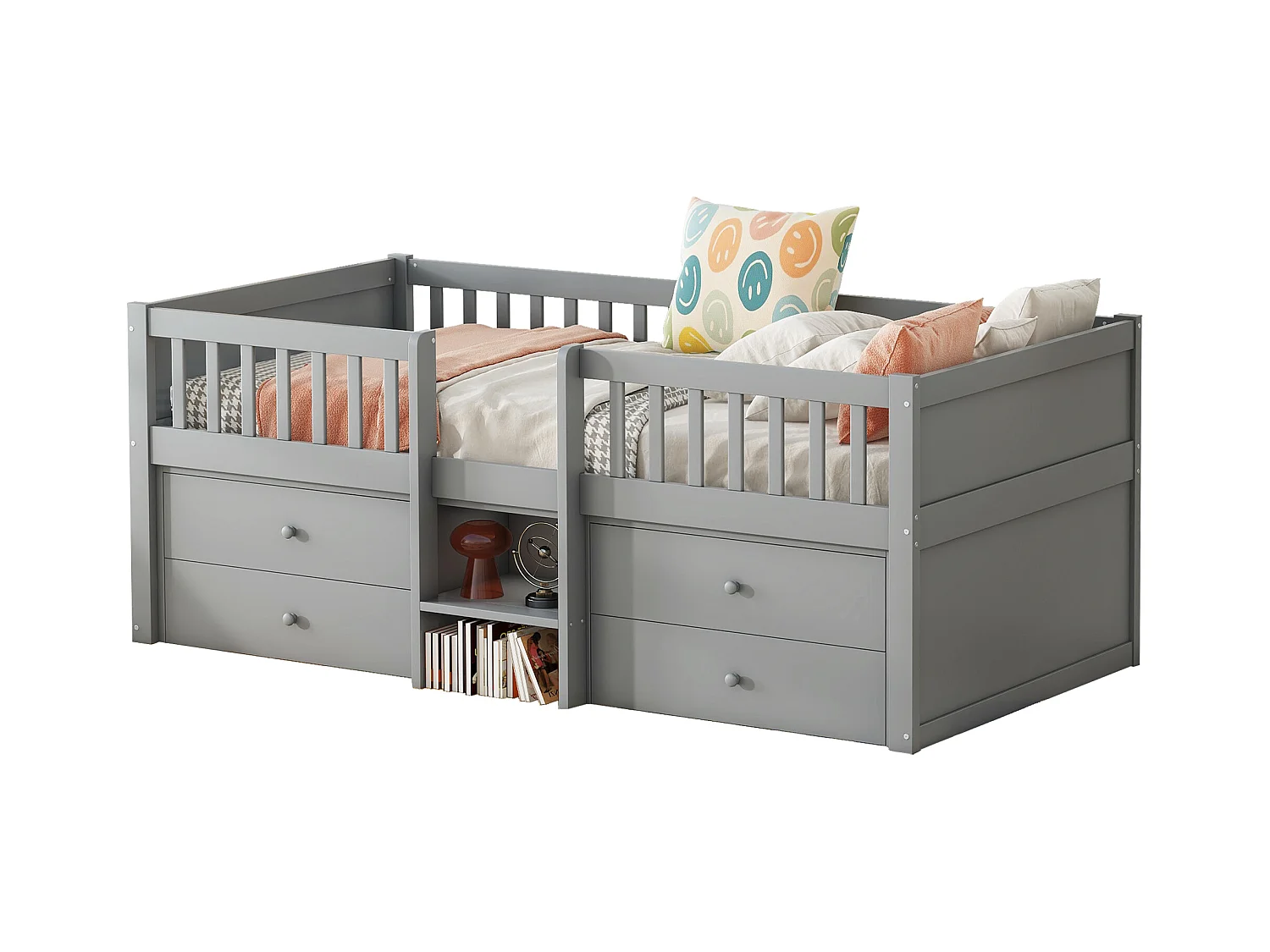 Lit surélevé 90x200 cm avec 4 tiroirs, barrière, échelle – Bois naturel, design gris (sans matelas)