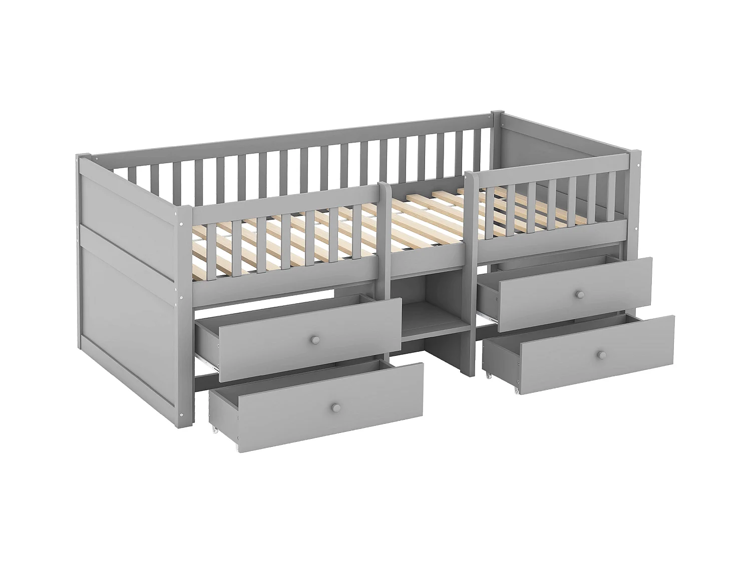 Lit surélevé 90x200 cm avec 4 tiroirs, barrière, échelle – Bois naturel, design gris (sans matelas)