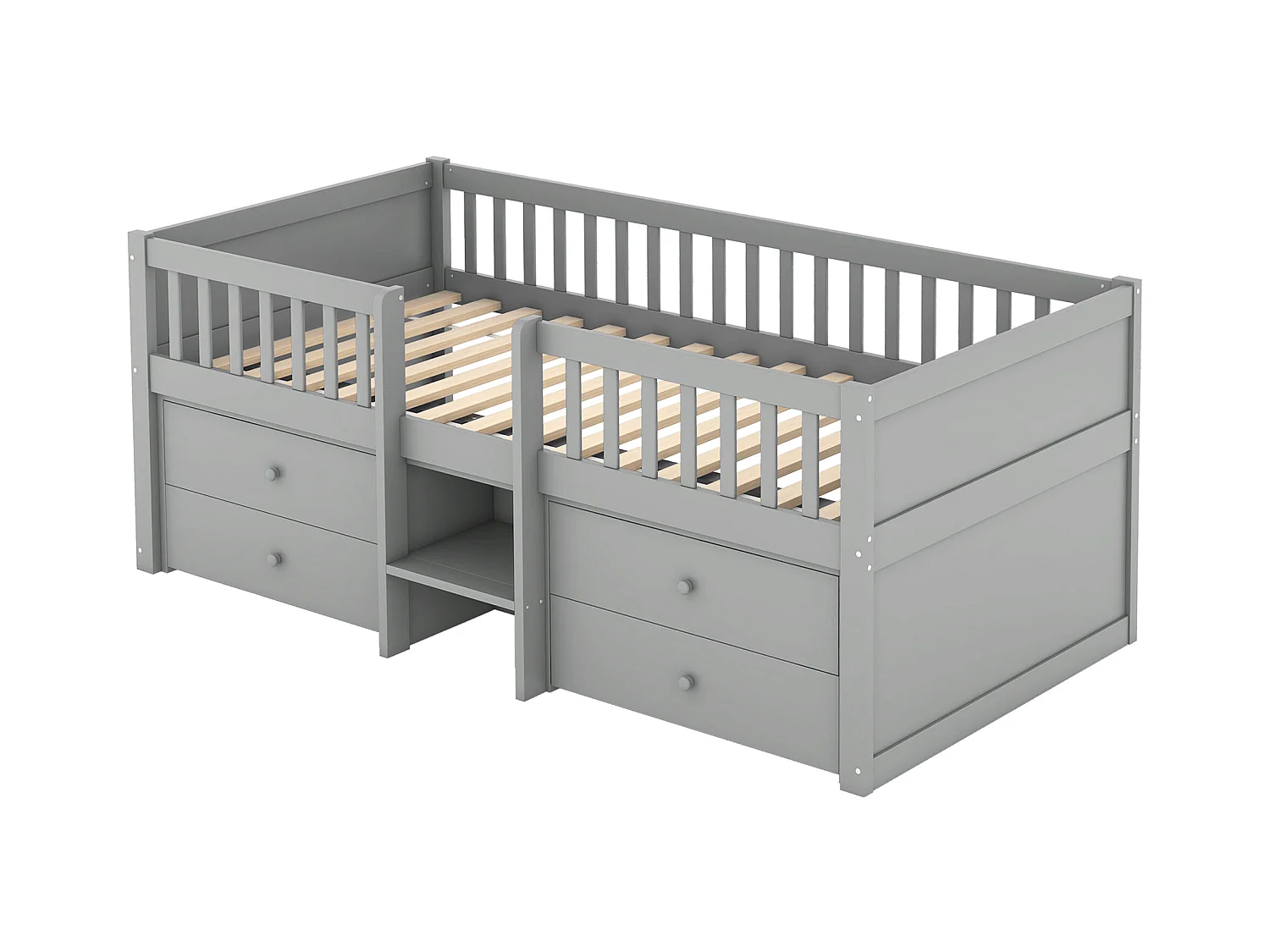 Lit surélevé 90x200 cm avec 4 tiroirs, barrière, échelle – Bois naturel, design gris (sans matelas)