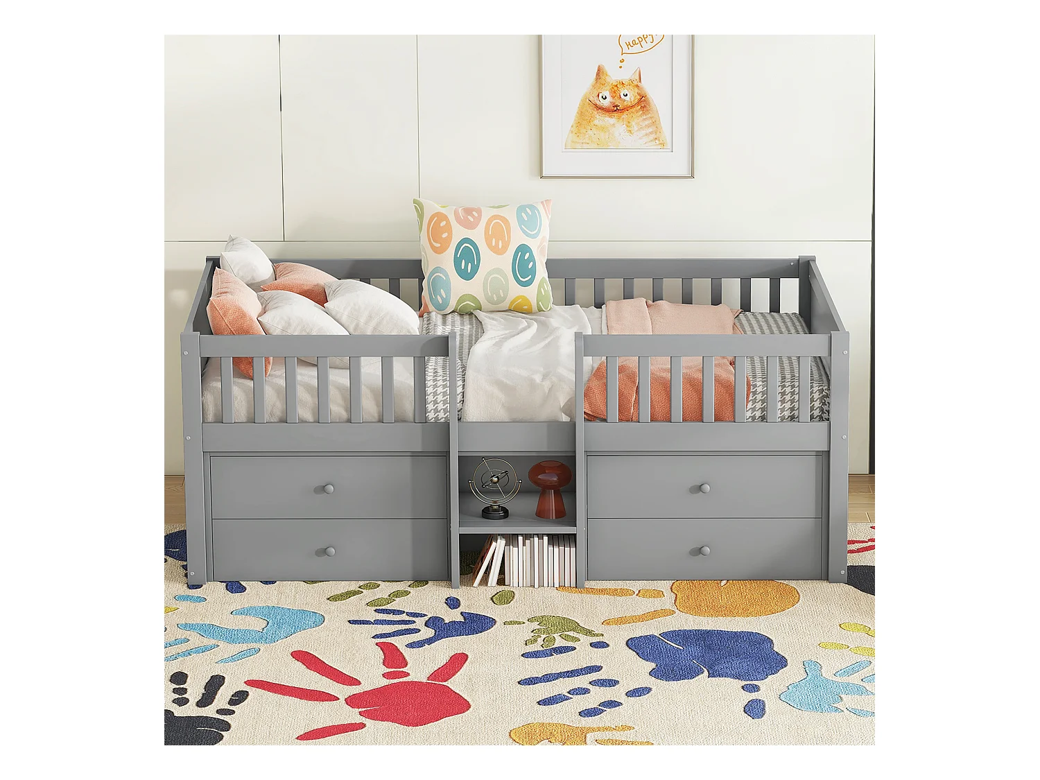 Lit surélevé 90x200 cm avec 4 tiroirs, barrière, échelle – Bois naturel, design gris (sans matelas)