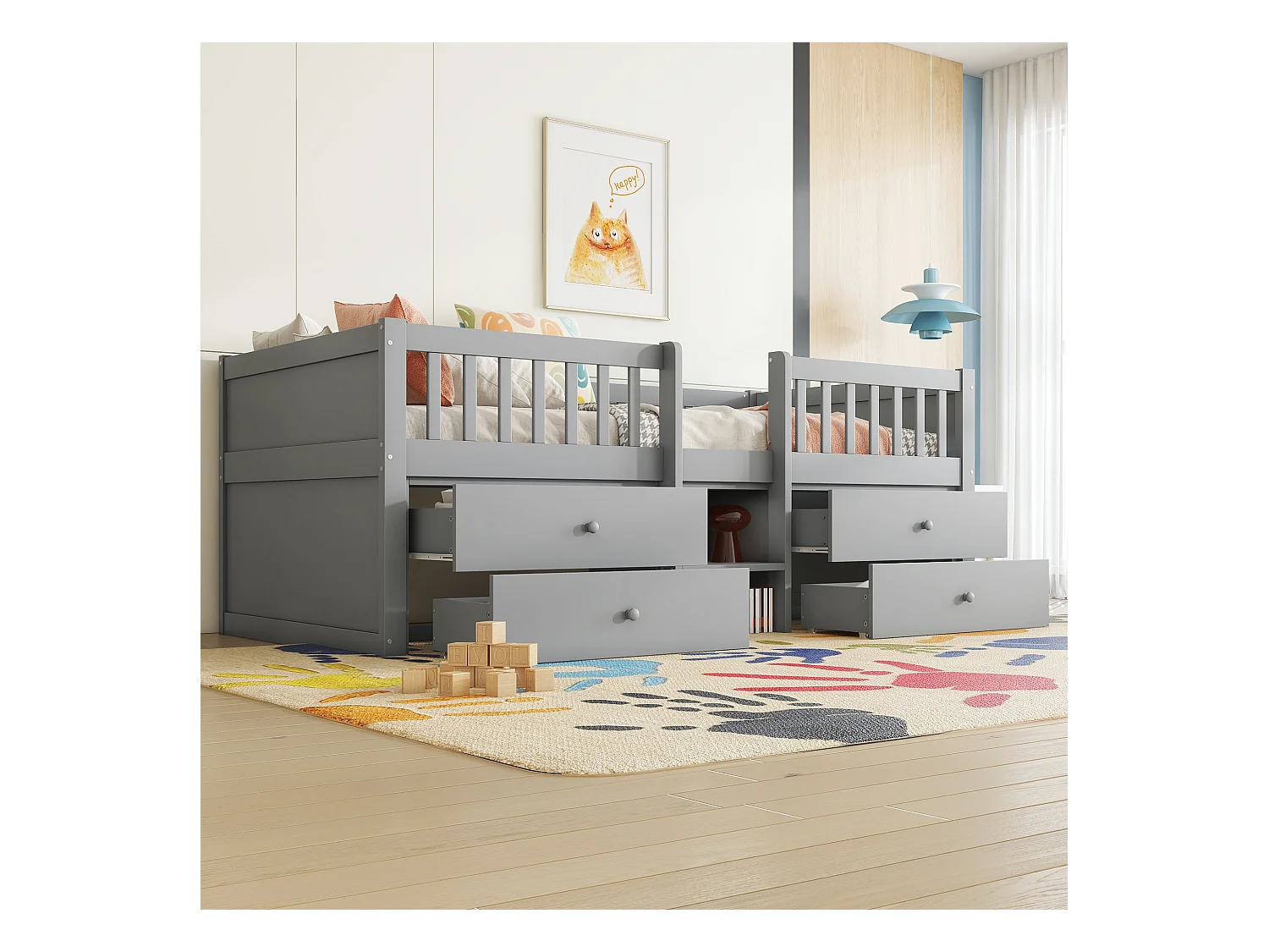 Lit surélevé 90x200 cm avec 4 tiroirs, barrière, échelle – Bois naturel, design gris (sans matelas)