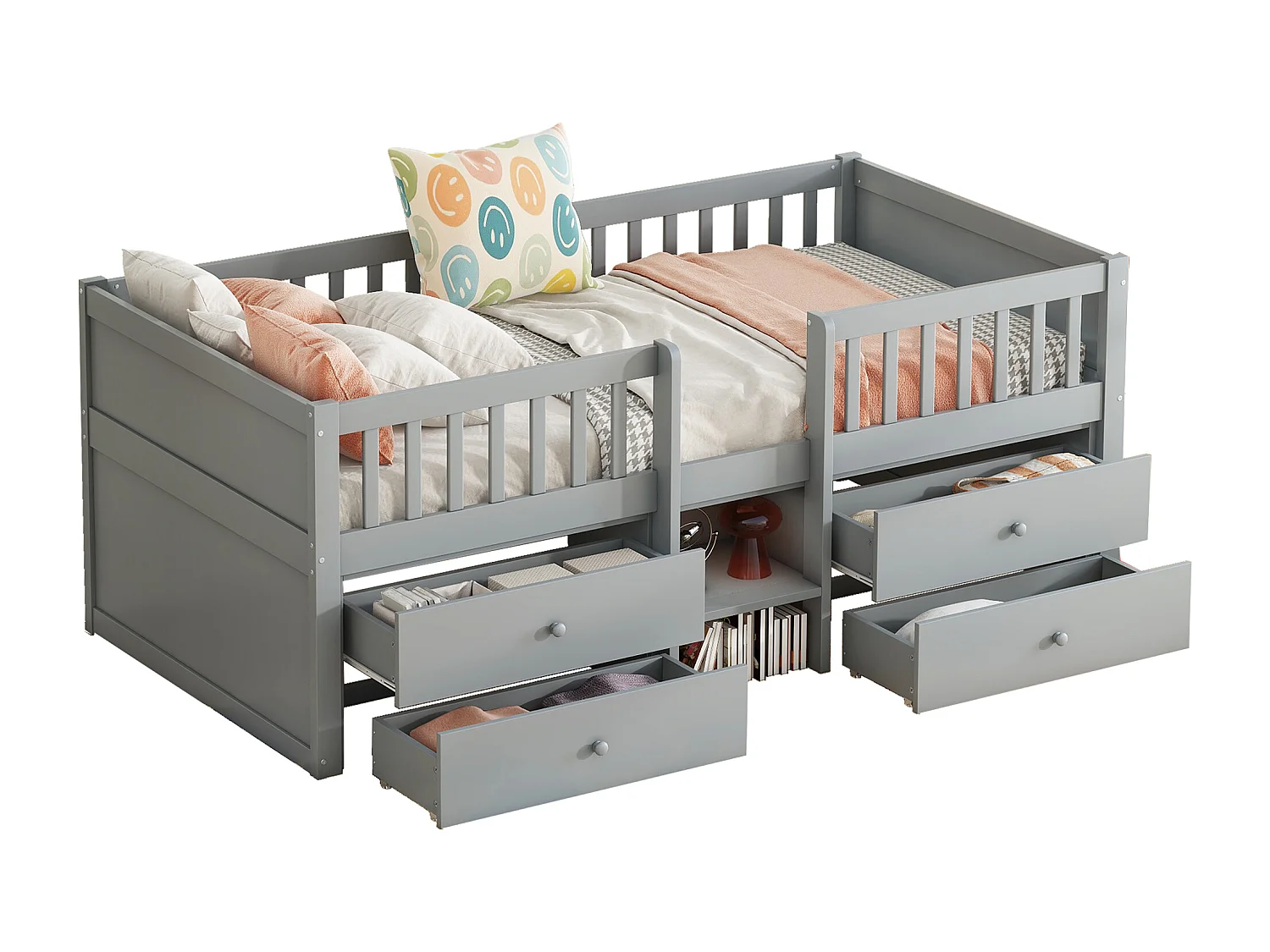 Lit surélevé 90x200 cm avec 4 tiroirs, barrière, échelle – Bois naturel, design gris (sans matelas)