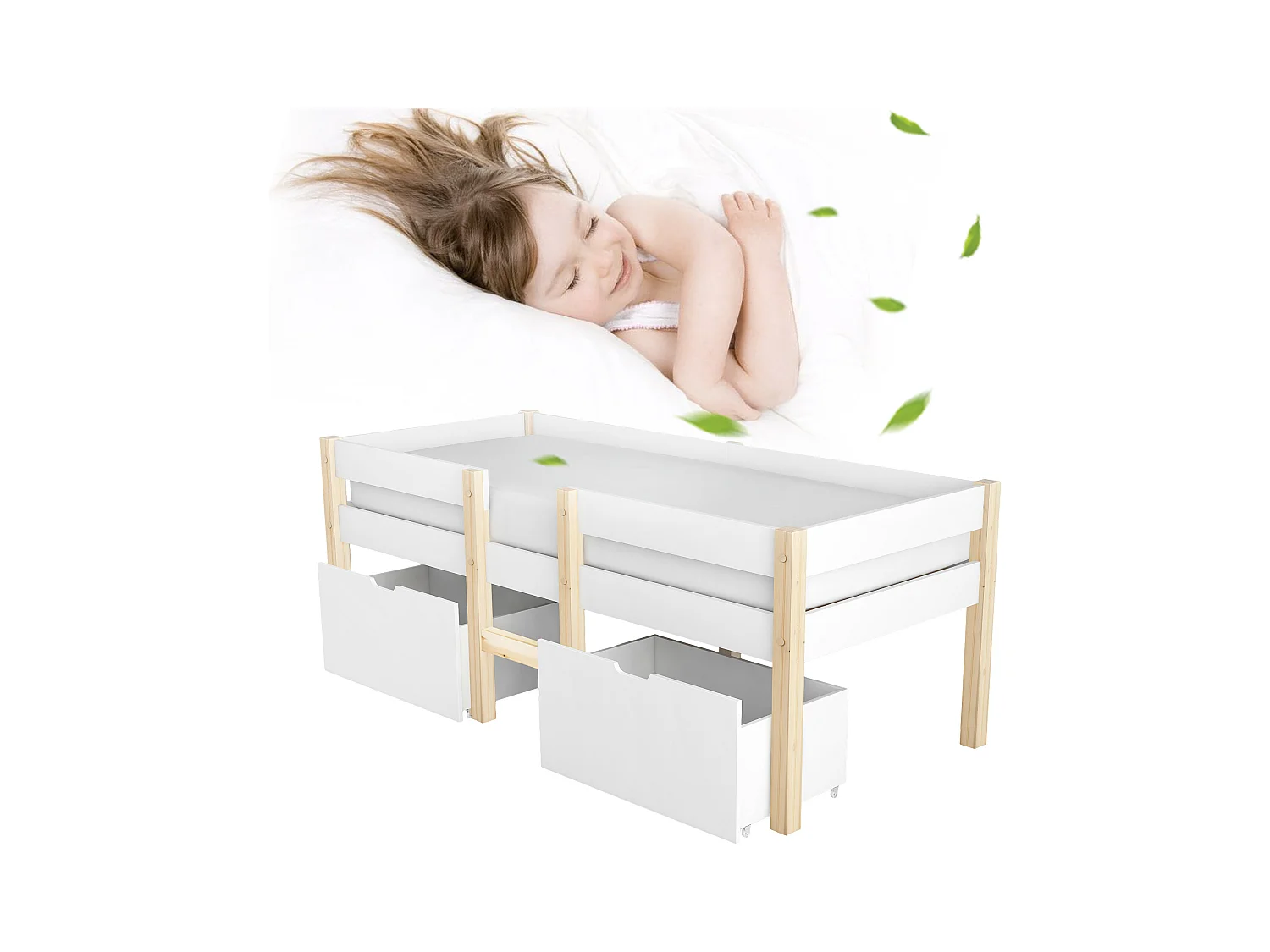 Letto bambino 90x190 cm con cassetto e protezione, in legno di pino bianco e quercia (senza materasso)