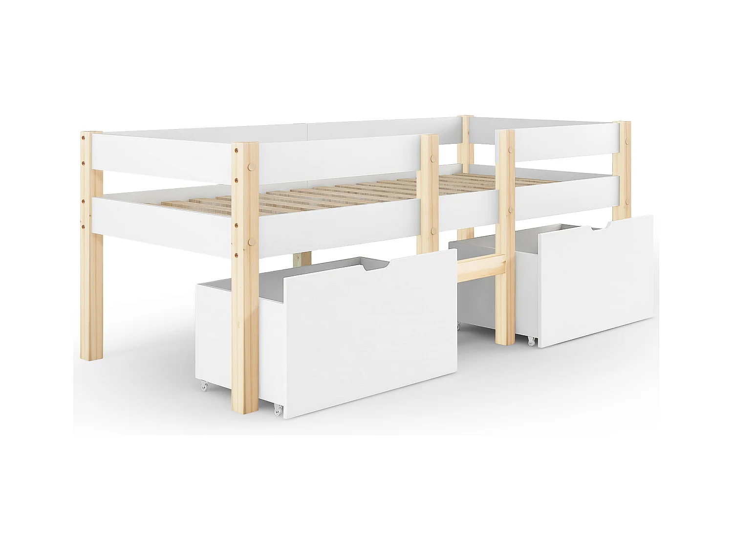 Letto bambino 90x190 cm con cassetto e protezione, in legno di pino bianco e quercia (senza materasso)