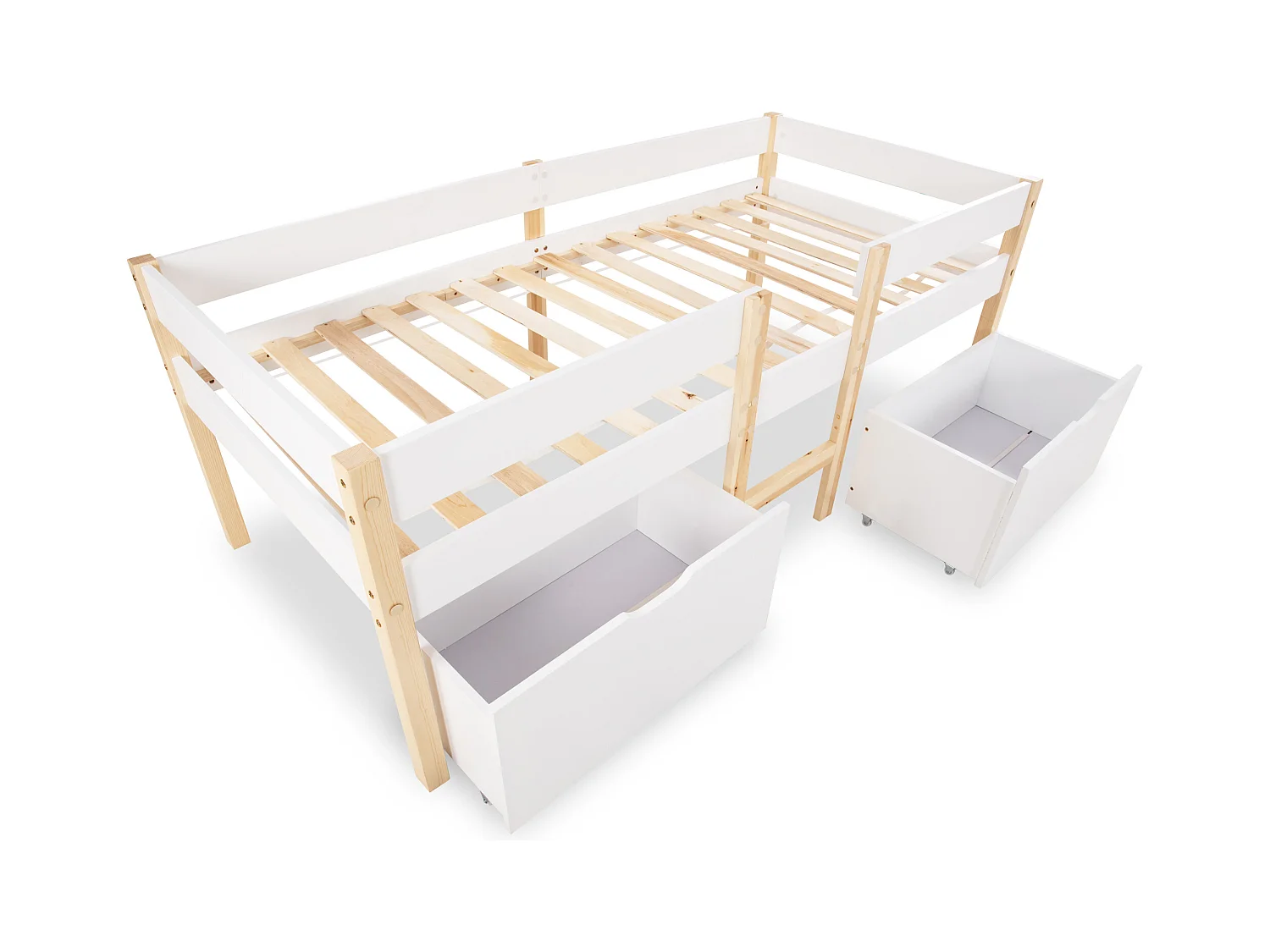 Letto bambino 90x190 cm con cassetto e protezione, in legno di pino bianco e quercia (senza materasso)