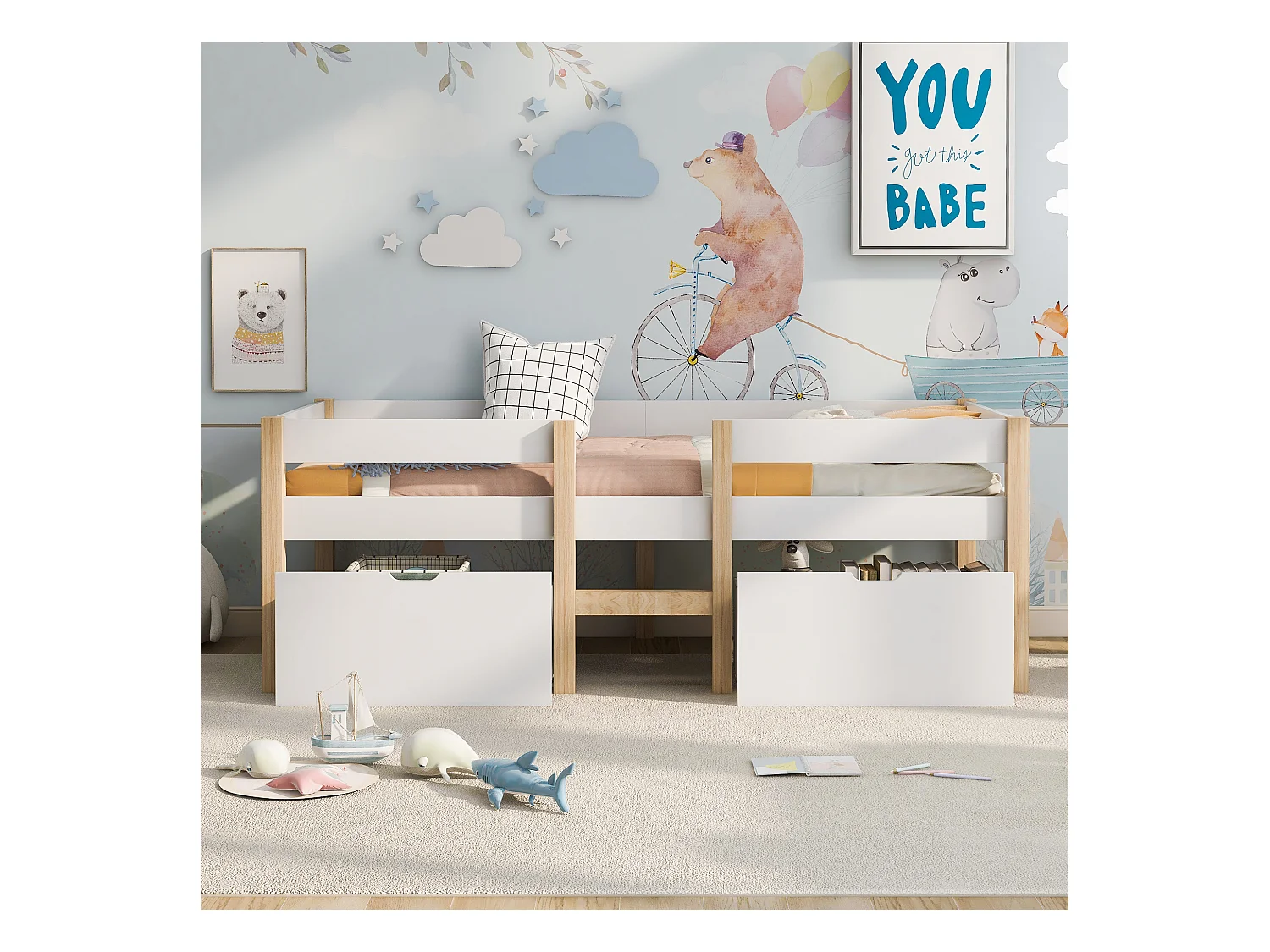 Lit enfant 90x190 cm avec tiroir et protection, en bois de pin blanc et chêne(sans matelas)