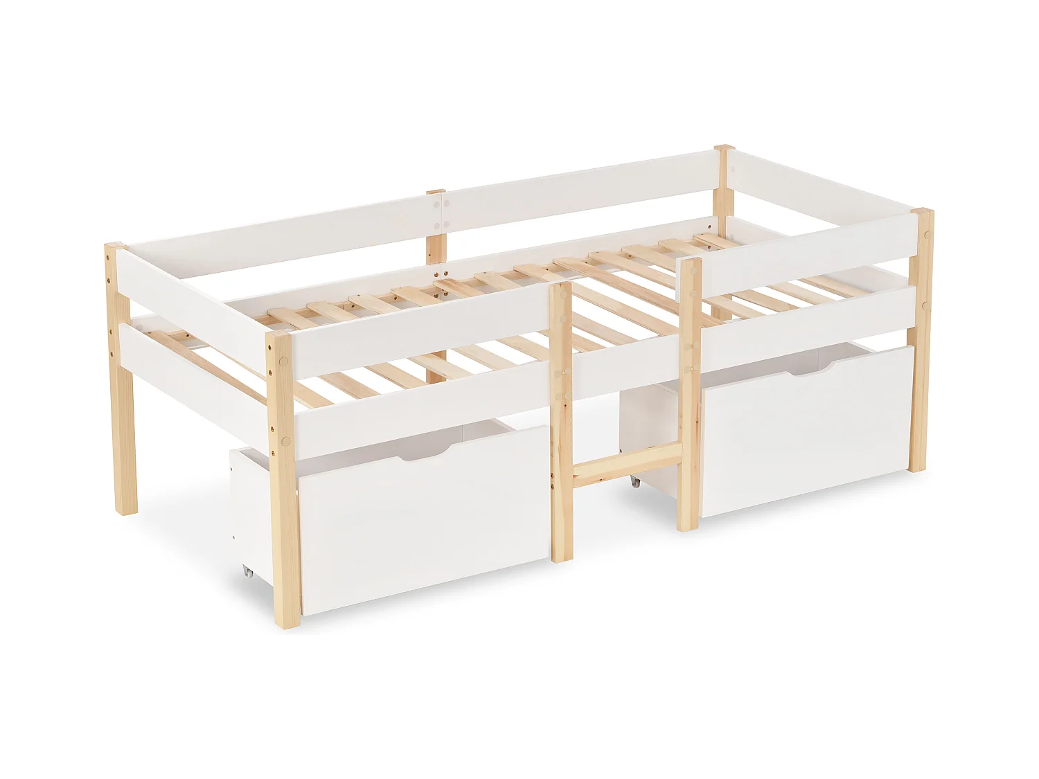 Lit enfant 90x190 cm avec tiroir et protection, en bois de pin blanc et chêne(sans matelas)