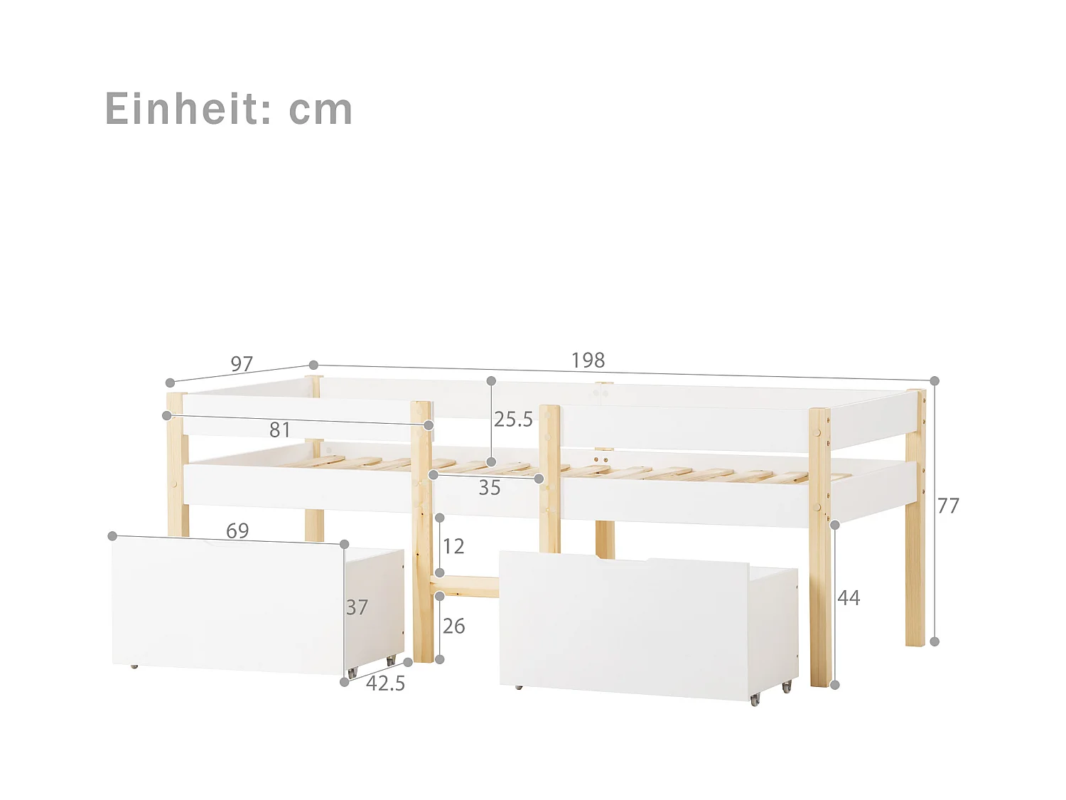 Lit enfant 90x190 cm avec tiroir et protection, en bois de pin blanc et chêne(sans matelas)