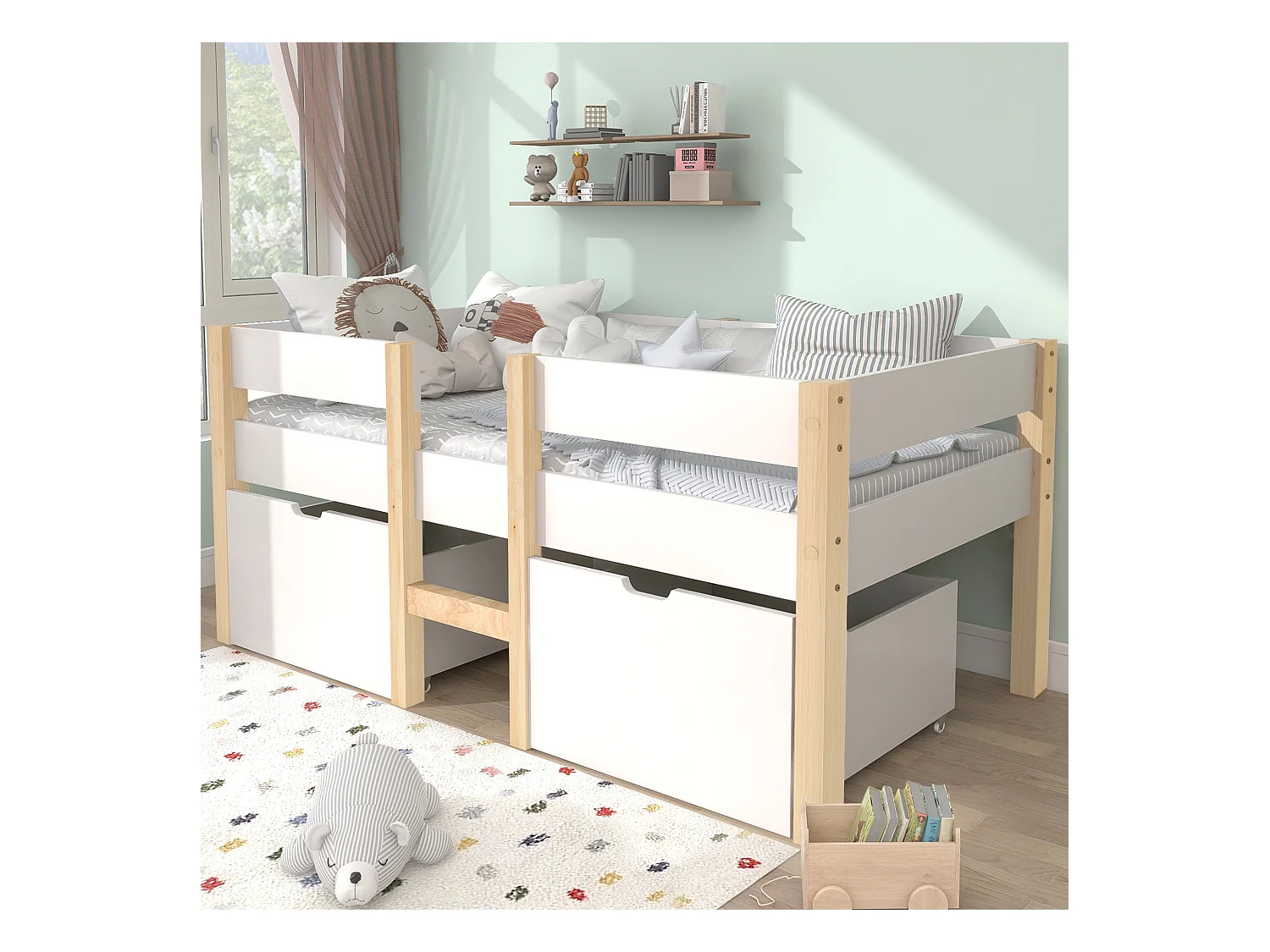 Lit enfant 90x190 cm avec tiroir et protection, en bois de pin blanc et chêne(sans matelas)