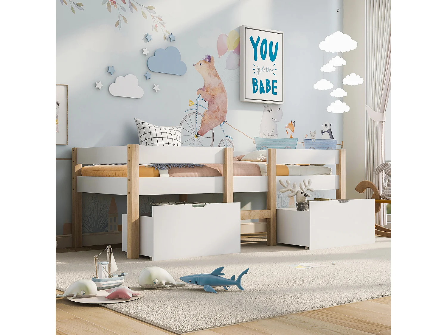 Cama infantil 90x190 cm com gaveta e proteção, em madeira de pinho branco e carvalho (sem colchão)