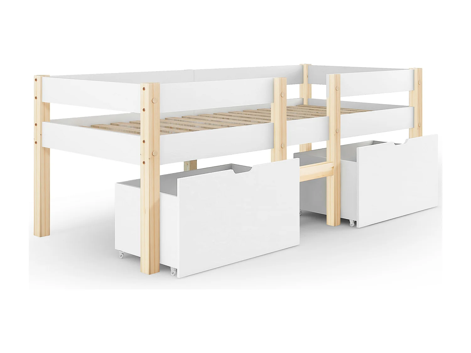 Cama infantil 90x190 cm com gaveta e proteção, em madeira de pinho branco e carvalho (sem colchão)