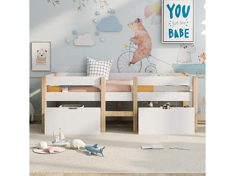 Kinderbed 90x190 cm met lade en bescherming, van wit grenenhout en eikenhout (zonder matras)