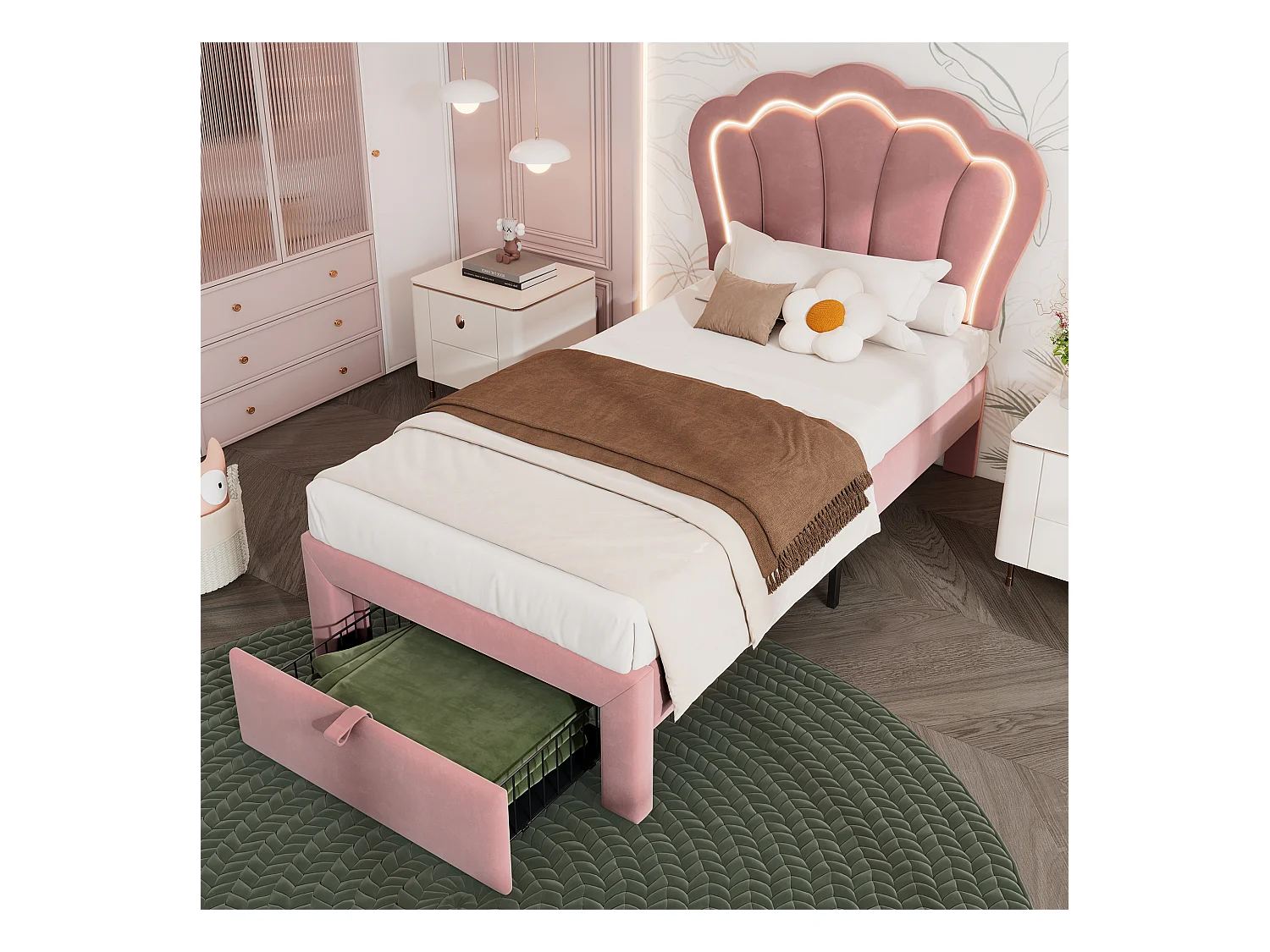 Letto bambino 90x200 cm con cassetti e LED, testiera regolabile, struttura in velluto rosa (senza materasso)