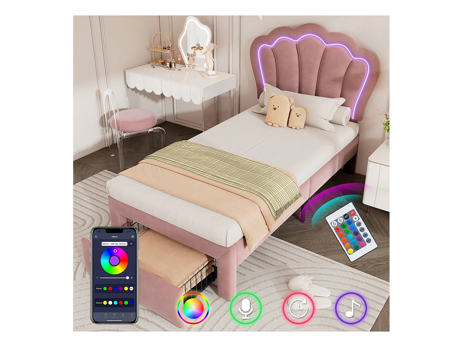 Letto bambino 90x200 cm con cassetti e LED, testiera regolabile, struttura in velluto rosa (senza materasso)