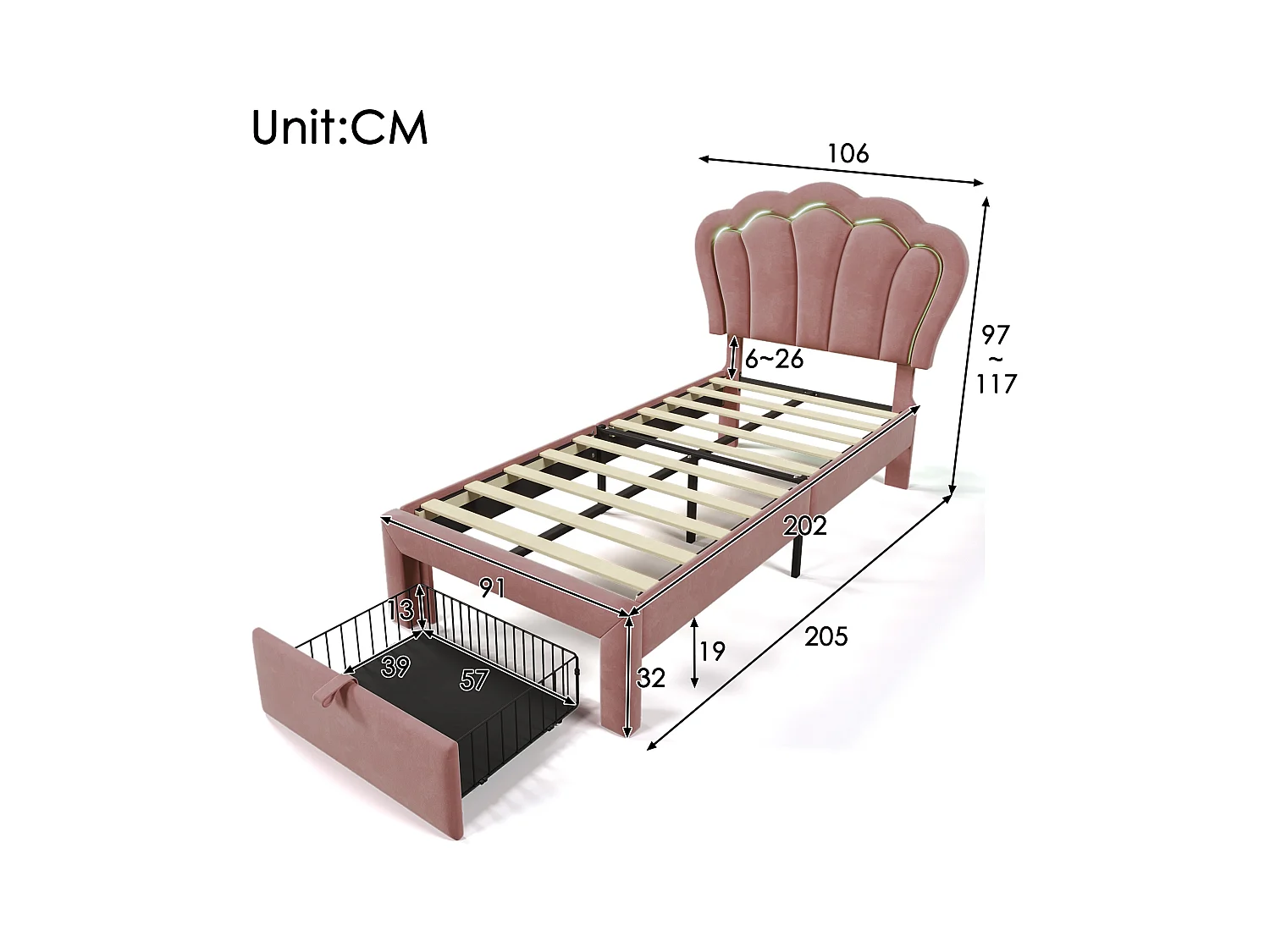 Letto bambino 90x200 cm con cassetti e LED, testiera regolabile, struttura in velluto rosa (senza materasso)