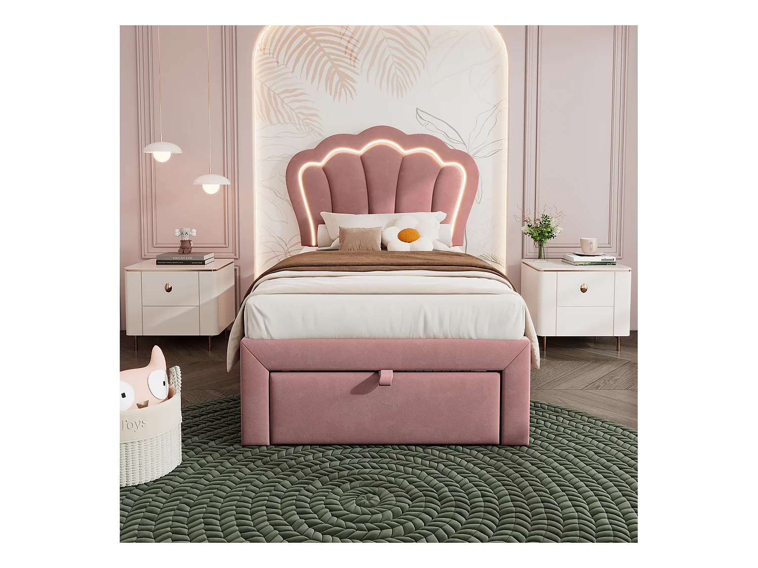 Letto bambino 90x200 cm con cassetti e LED, testiera regolabile, struttura in velluto rosa (senza materasso)