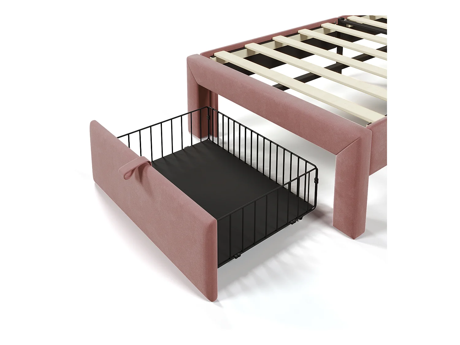 Letto bambino 90x200 cm con cassetti e LED, testiera regolabile, struttura in velluto rosa (senza materasso)