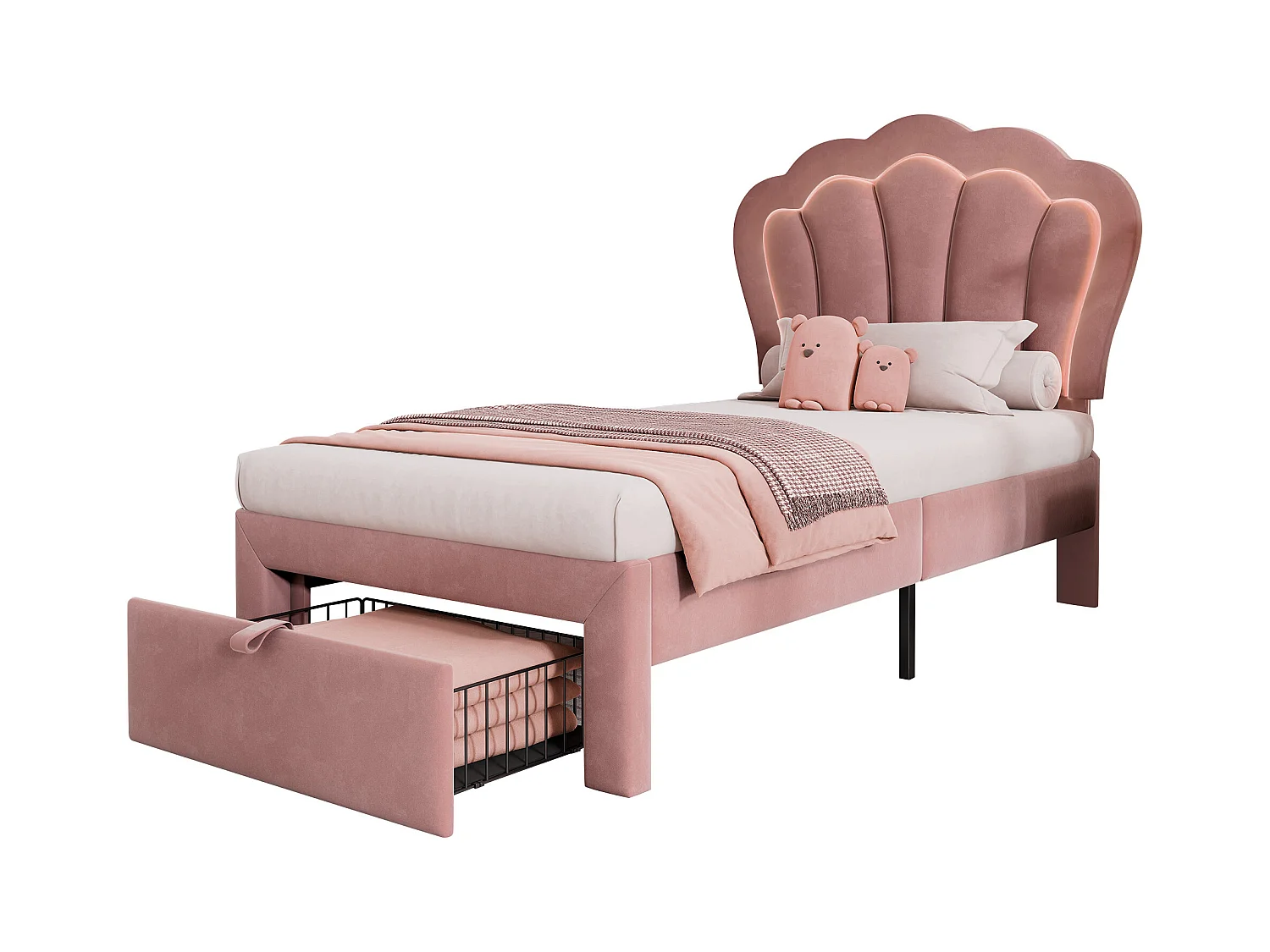 Lit enfant 90x200 cm avec tiroirs et LED, tête de lit réglable, cadre en velours rose(sans matelas)