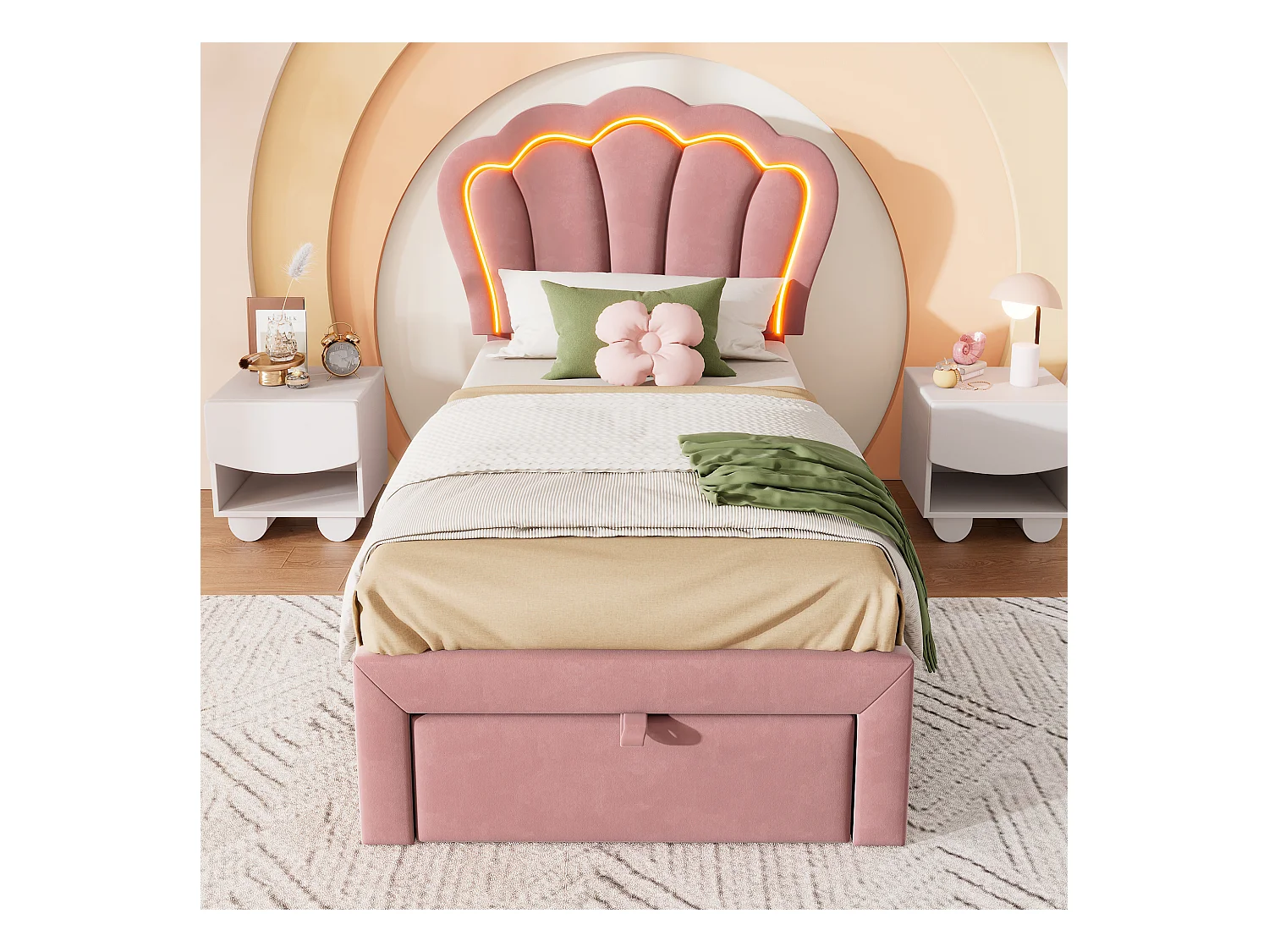 Lit enfant 90x200 cm avec tiroirs et LED, tête de lit réglable, cadre en velours rose(sans matelas)