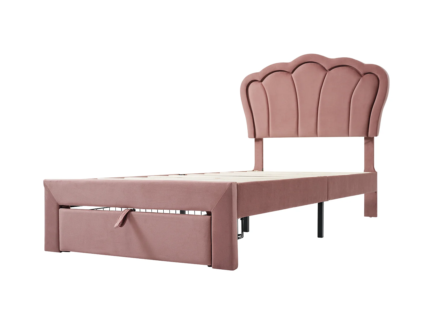 Lit enfant 90x200 cm avec tiroirs et LED, tête de lit réglable, cadre en velours rose(sans matelas)