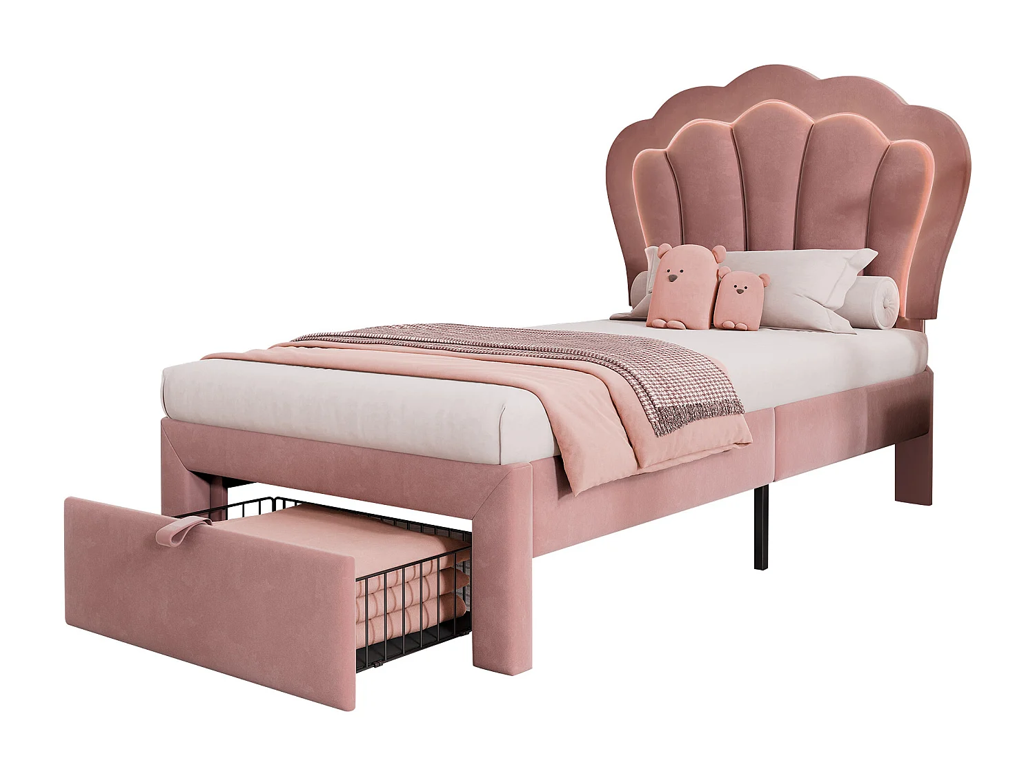 Cama infantil 90x200 cm com gavetas e LED, cabeceira ajustável, estrutura em veludo rosa (sem colchão)