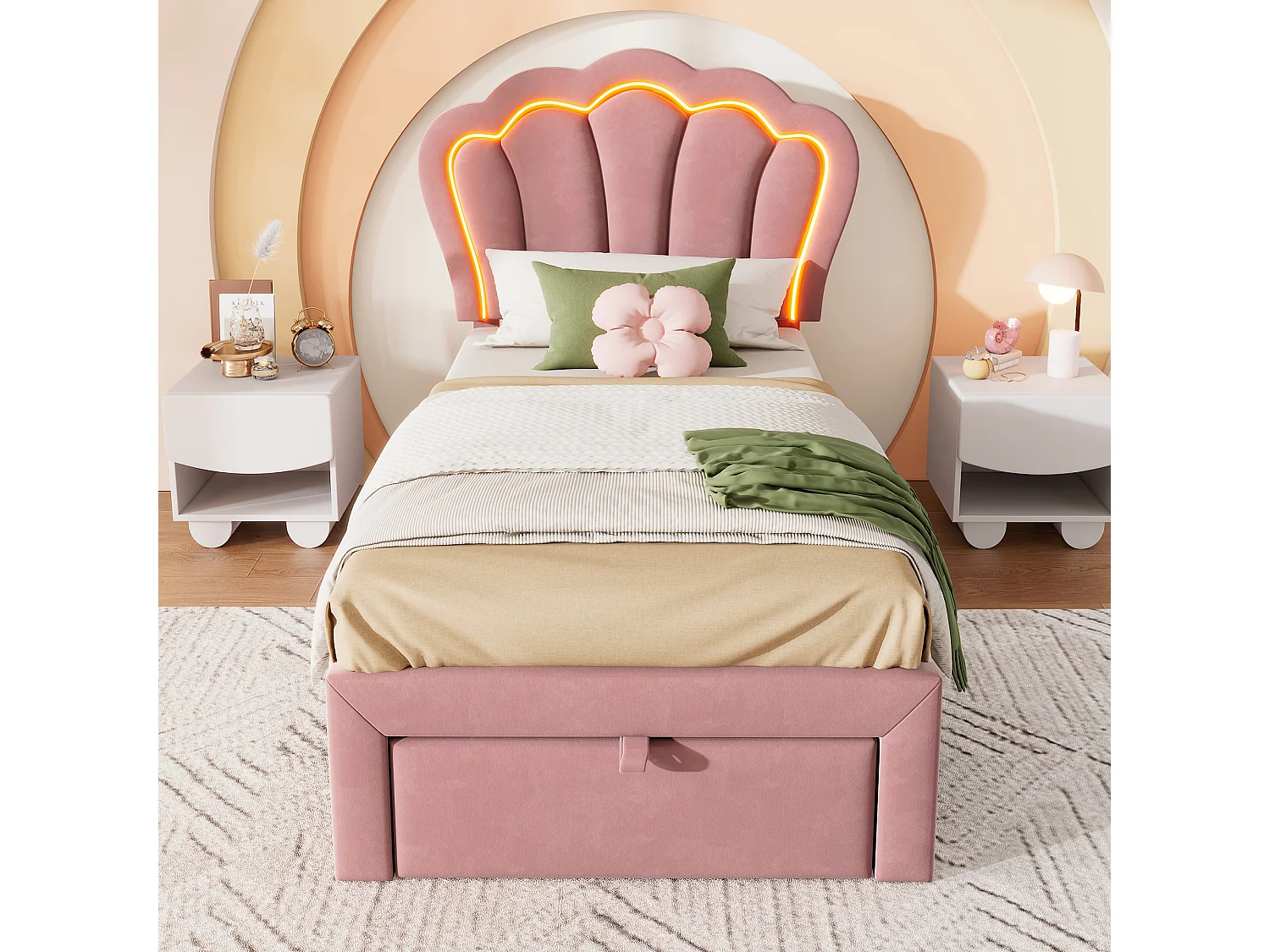 Cama infantil 90x200 cm com gavetas e LED, cabeceira ajustável, estrutura em veludo rosa (sem colchão)