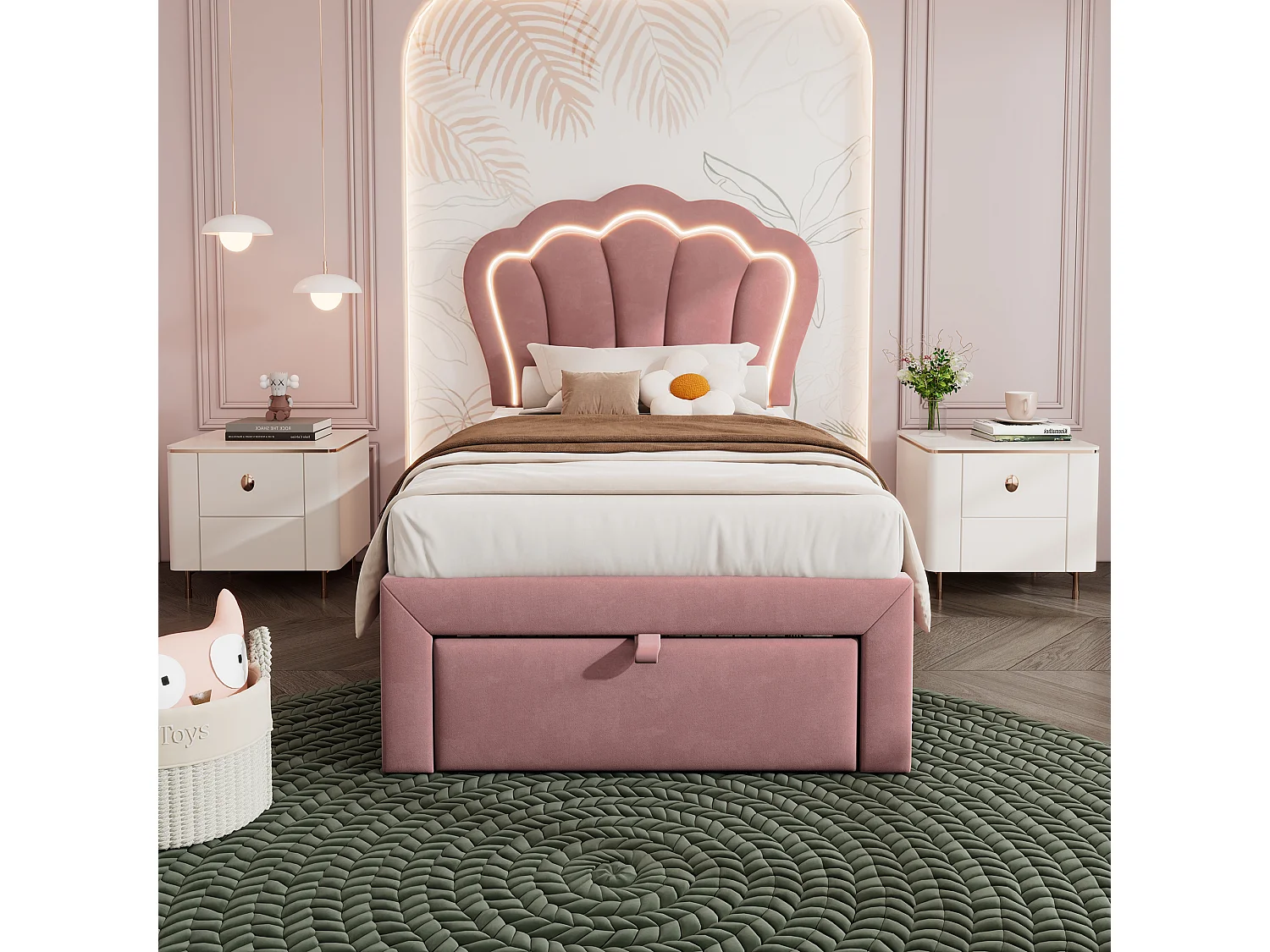 Cama infantil 90x200 cm com gavetas e LED, cabeceira ajustável, estrutura em veludo rosa (sem colchão)