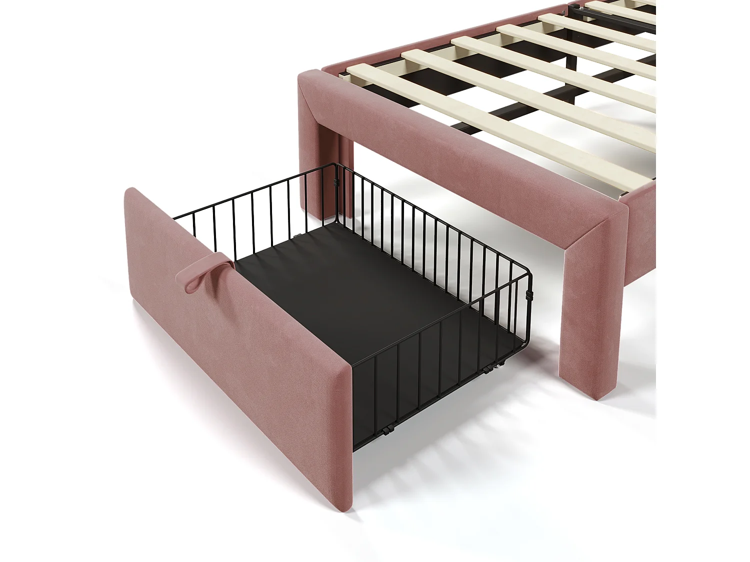 Cama infantil 90x200 cm com gavetas e LED, cabeceira ajustável, estrutura em veludo rosa (sem colchão)