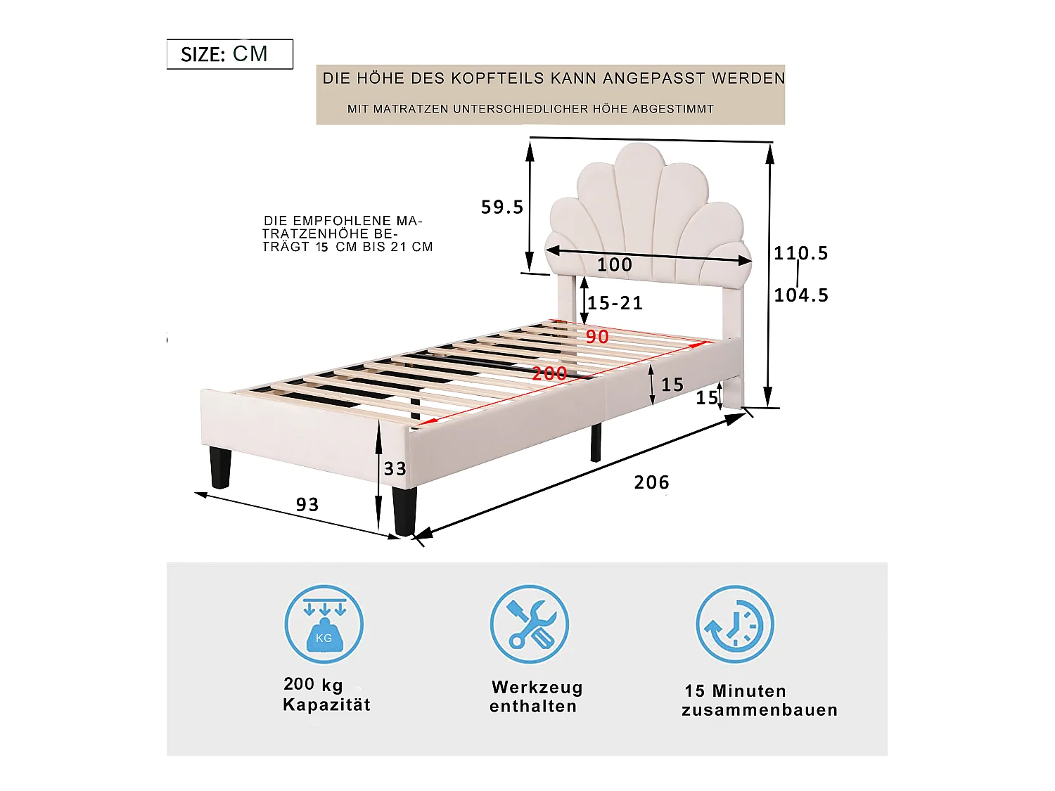 Letto per bambina 90x200 cm - Testiera floreale - Velluto beige (senza materasso)