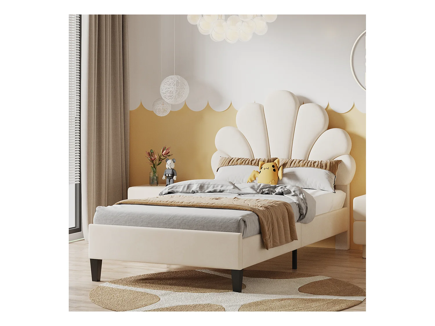 Lit enfant fille 90x200 cm - Tête de lit fleurie - Velours beige (sans matelas)