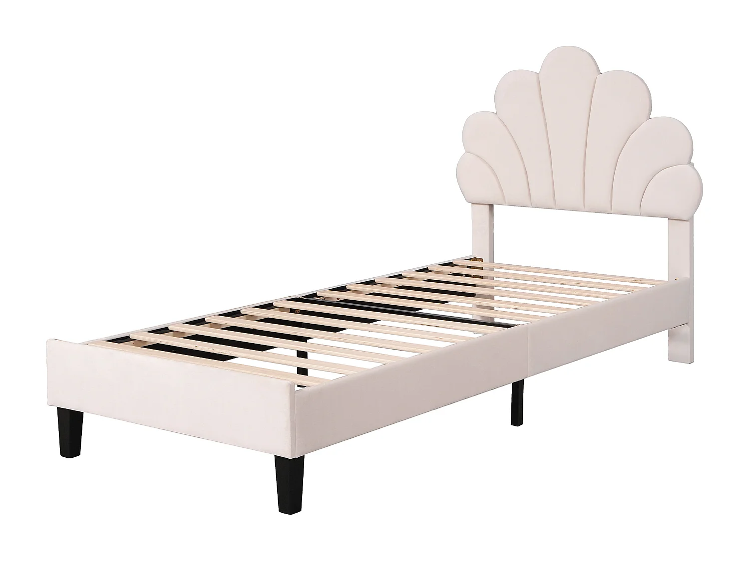 Lit enfant fille 90x200 cm - Tête de lit fleurie - Velours beige (sans matelas)
