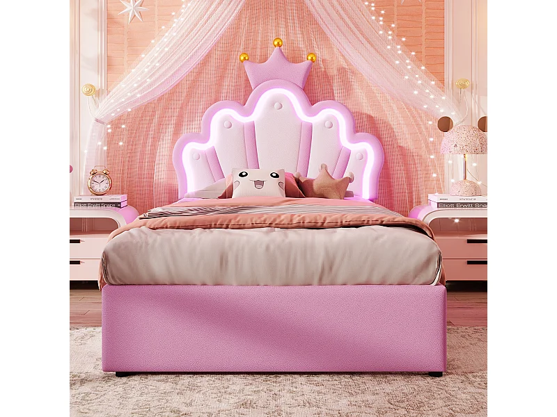 Lit enfant 90x200 cm avec 2 tiroirs, lumière d'ambiance , tête de lit réglable, en PU, rose (sans matelas)