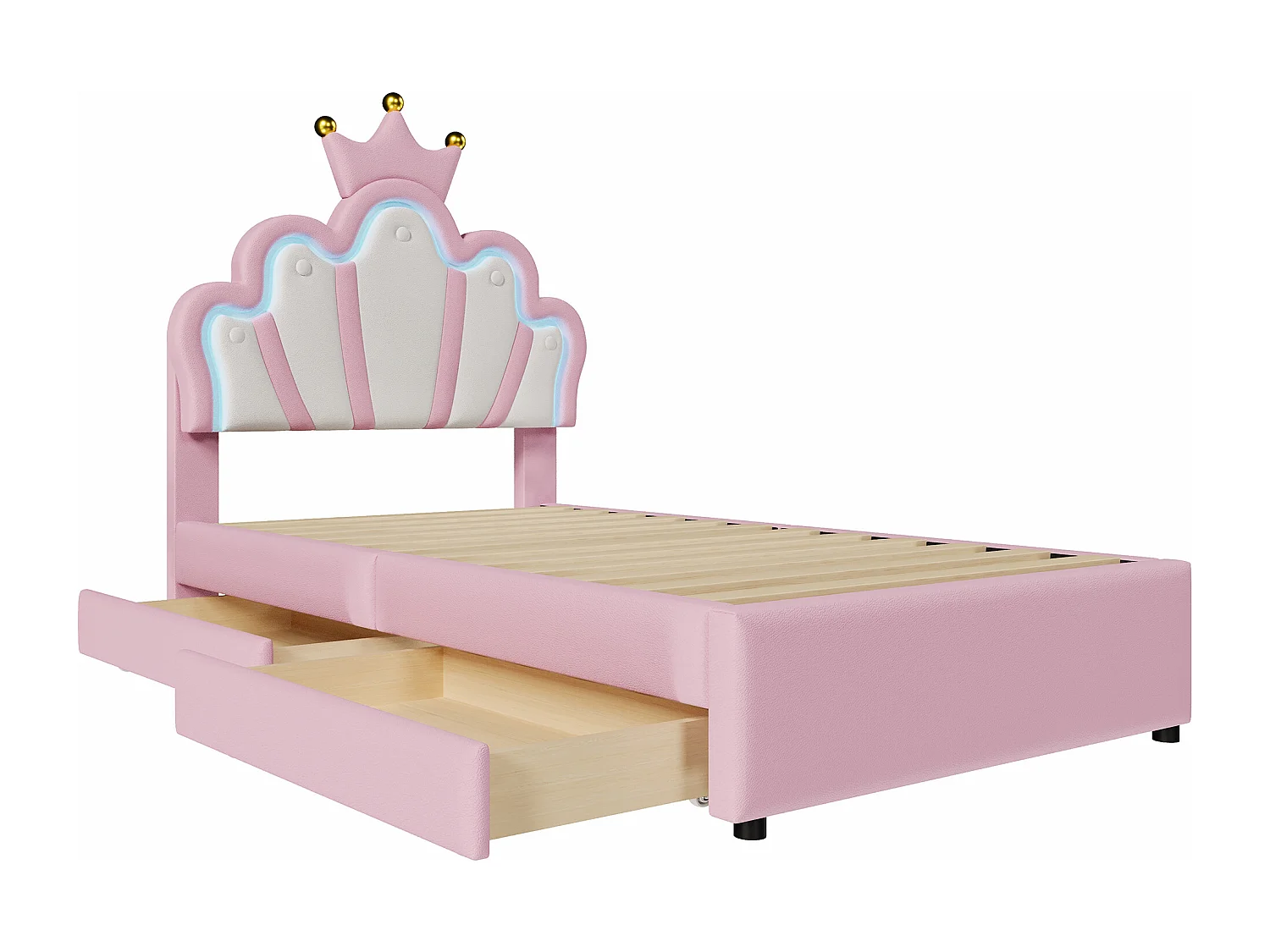 Lit enfant 90x200 cm avec 2 tiroirs, lumière d'ambiance , tête de lit réglable, en PU, rose (sans matelas)