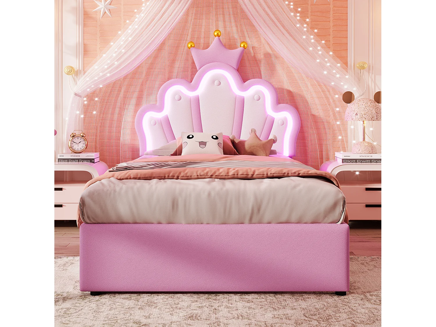 Lit enfant 90x200 cm avec 2 tiroirs, lumière d'ambiance , tête de lit réglable, en PU, rose (sans matelas)