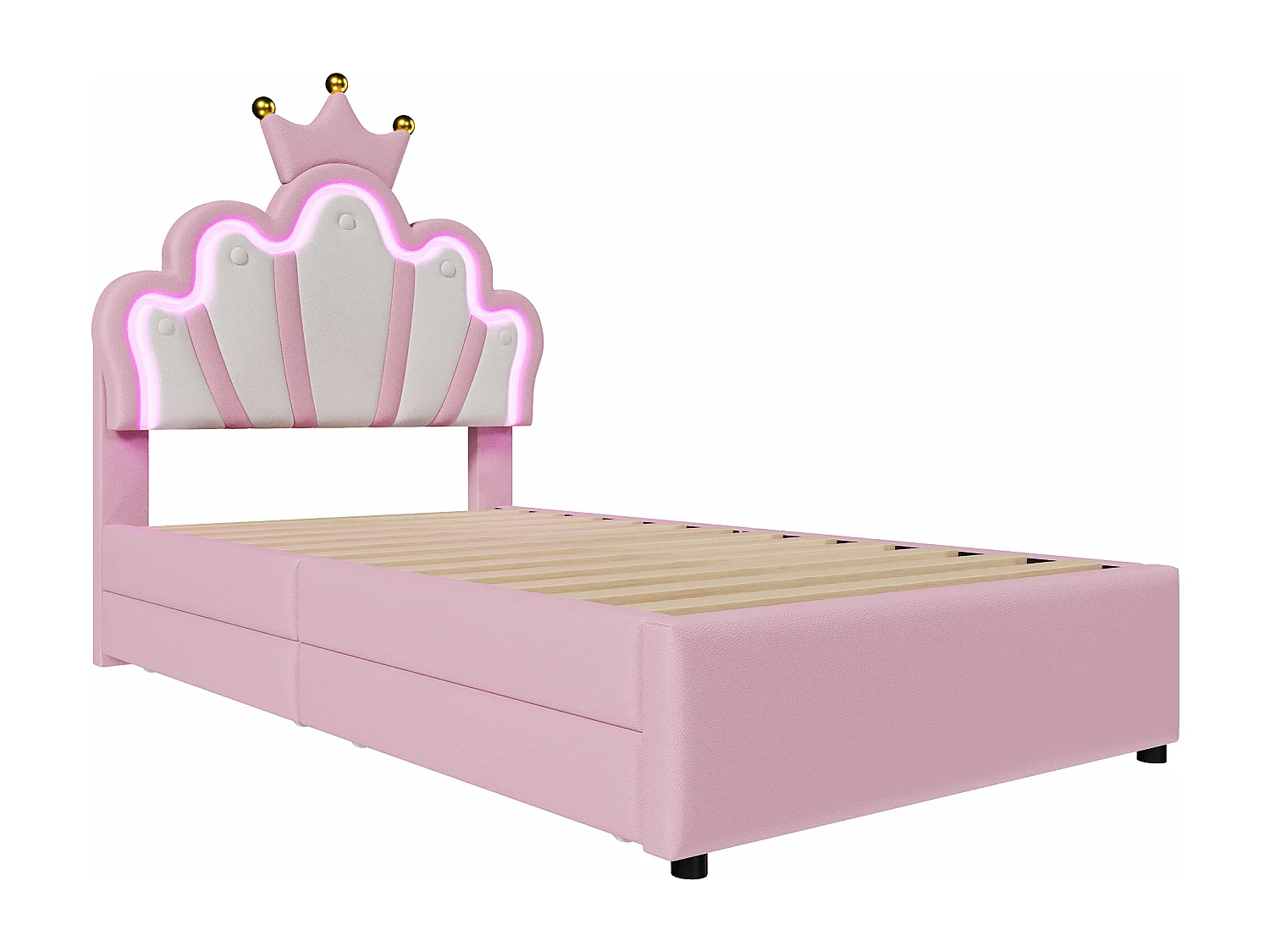 Lit enfant 90x200 cm avec 2 tiroirs, lumière d'ambiance , tête de lit réglable, en PU, rose (sans matelas)