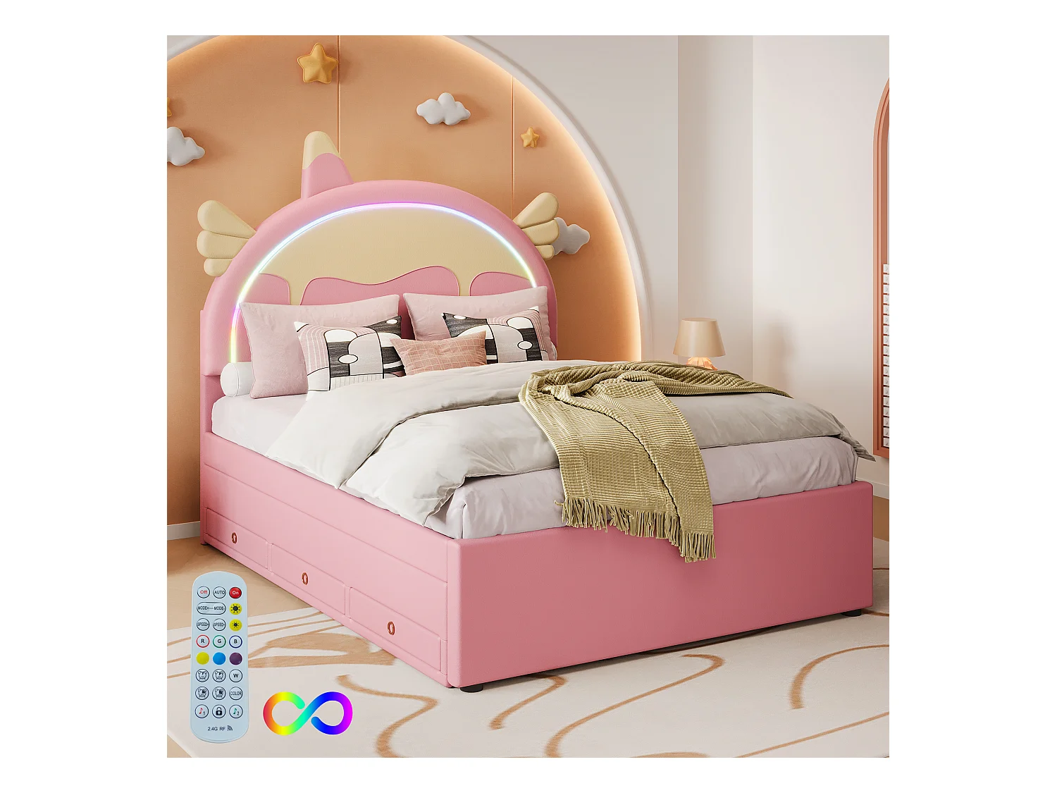 Uitklapbed kind 140x200 cm in eenhoornvorm, LED sfeerlicht met afstandsbediening, roze PU materiaal