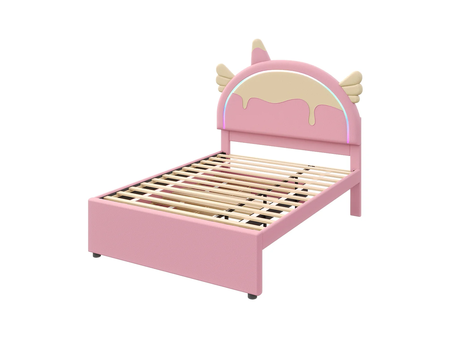 Uitklapbed kind 140x200 cm in eenhoornvorm, LED sfeerlicht met afstandsbediening, roze PU materiaal