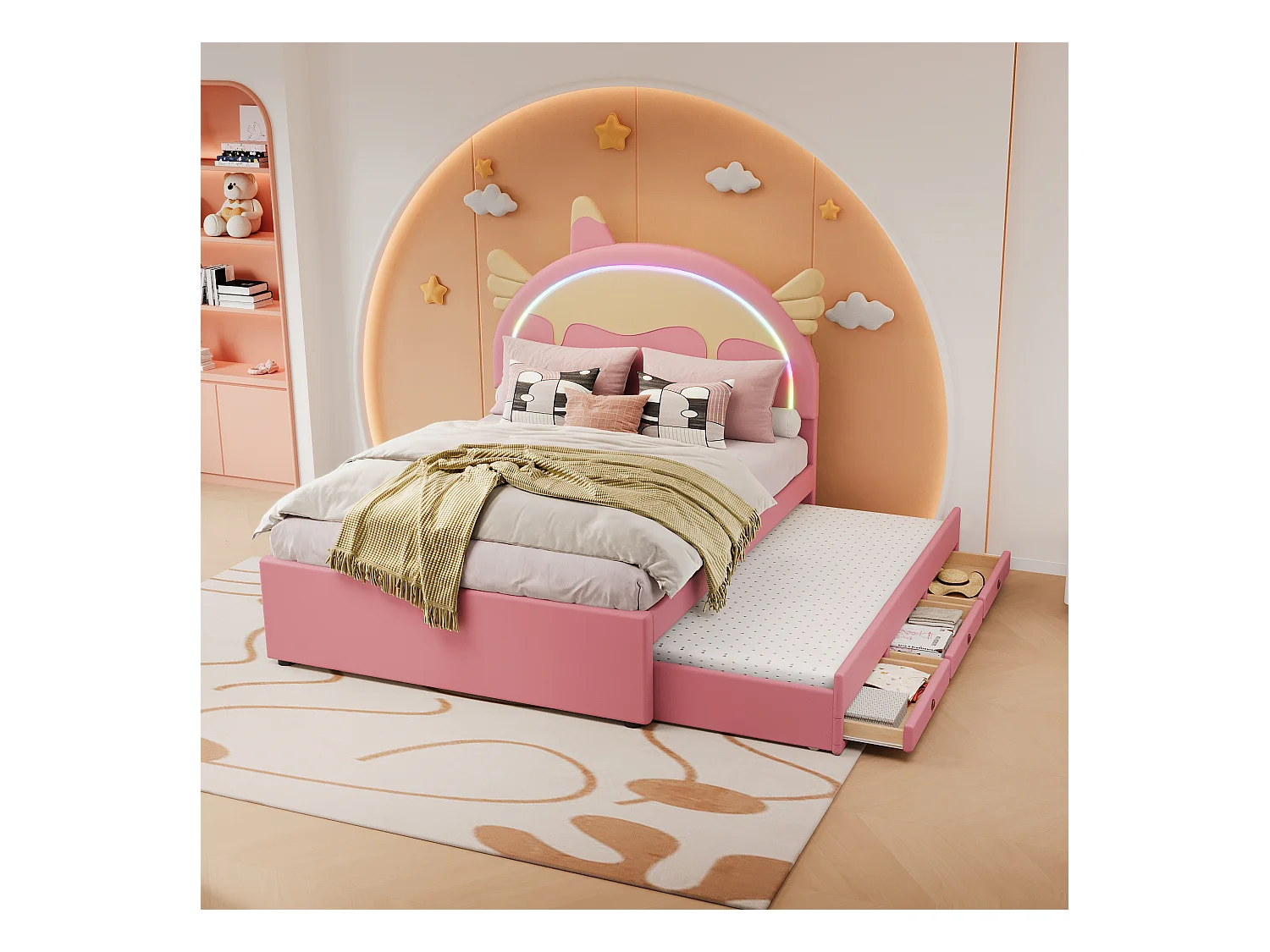 Lit gigogne Enfant 140x200 cm en Forme de Licorne, LED Ambiance Télécommandée, Matériau PU Rose