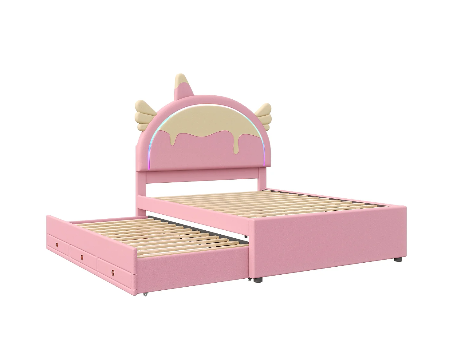 Lit gigogne Enfant 140x200 cm en Forme de Licorne, LED Ambiance Télécommandée, Matériau PU Rose