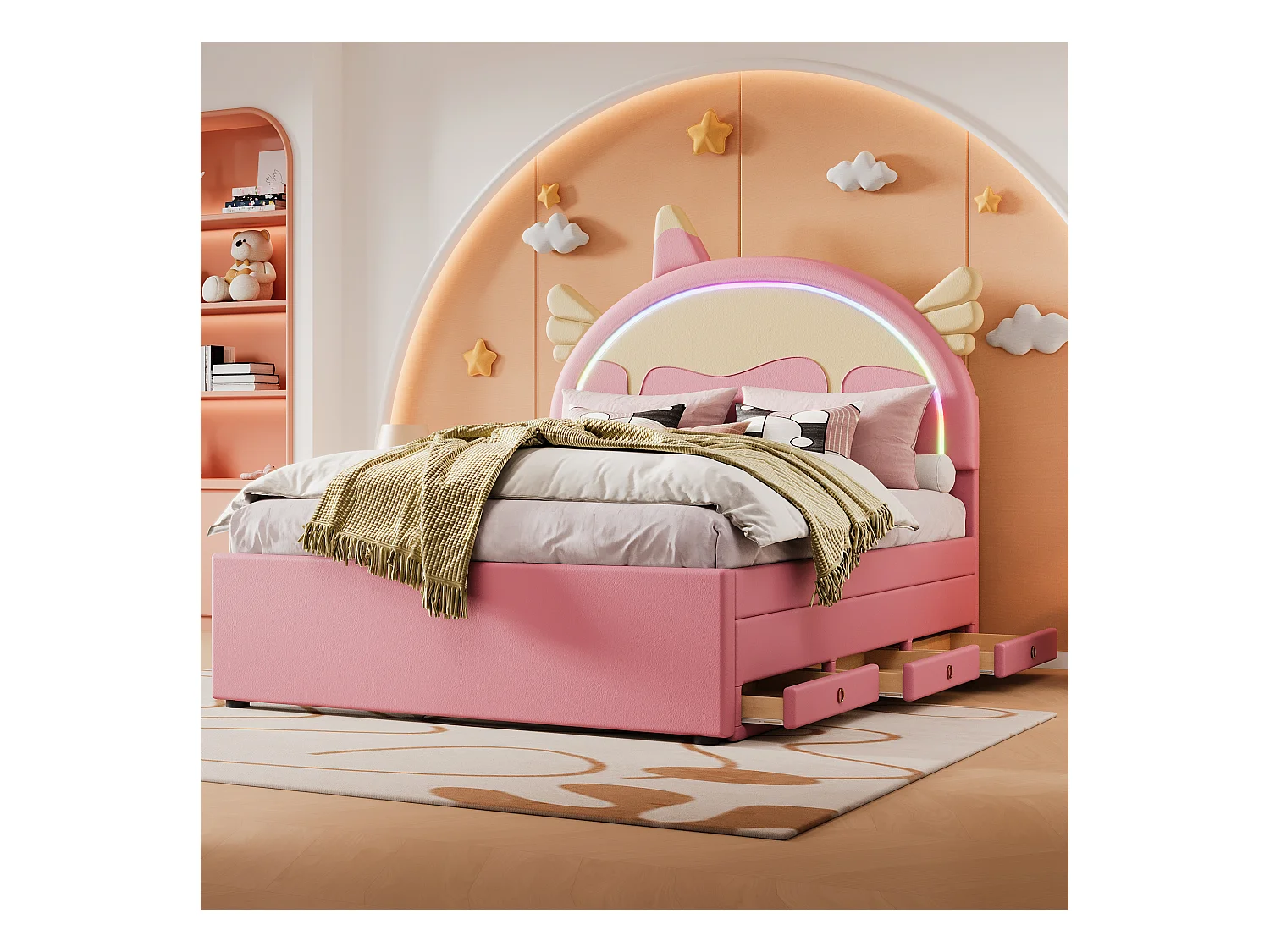 Lit gigogne Enfant 140x200 cm en Forme de Licorne, LED Ambiance Télécommandée, Matériau PU Rose