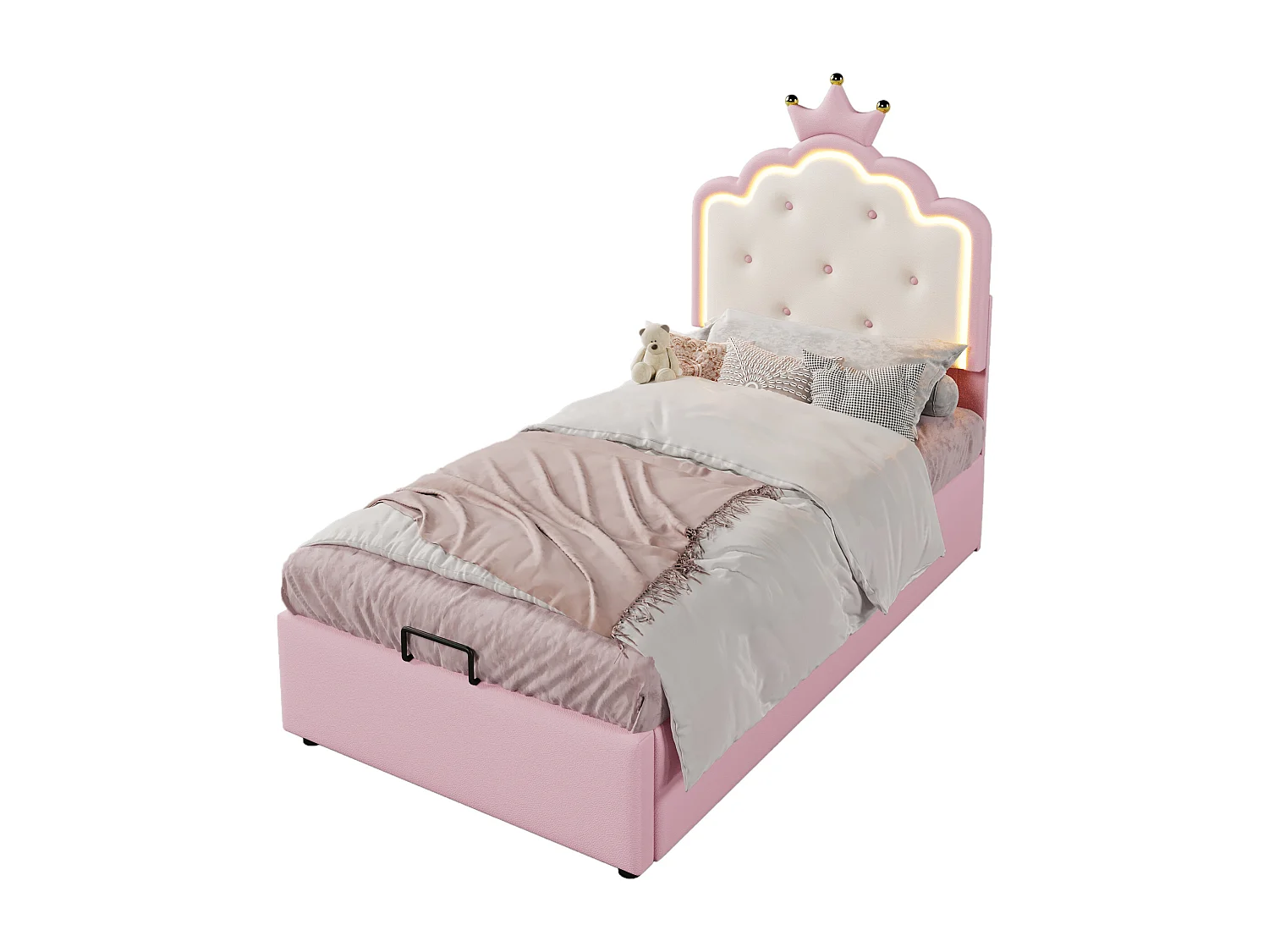 Lit coffre 90x200 cm en forme princesse, avec lumière d'ambiance télécommandée, en PU Rose(sans matelas)