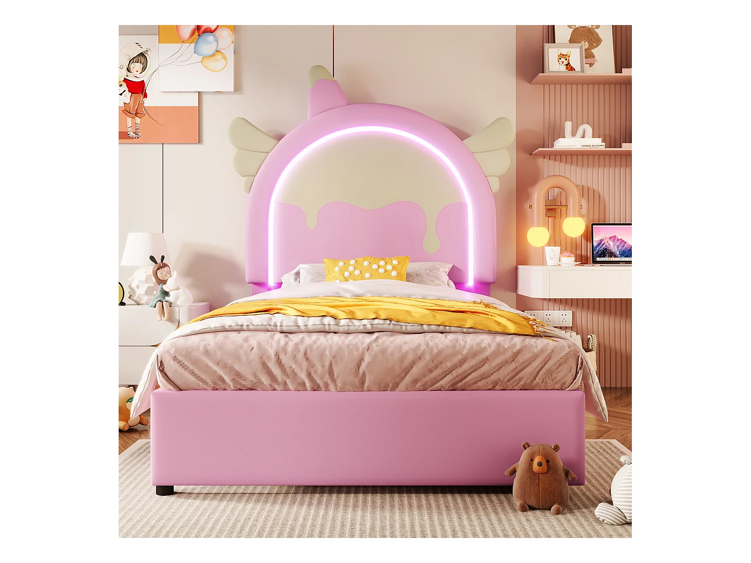 Lit enfant 90x200 cm licorne avec LED doux, 2 tiroirs – Similicuir rose facile à nettoyer (sans matelas)