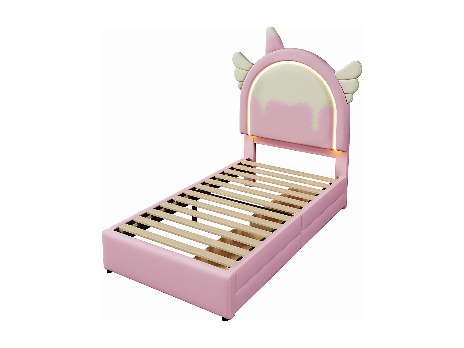 Lit enfant 90x200 cm licorne avec LED doux, 2 tiroirs – Similicuir rose facile à nettoyer (sans matelas)
