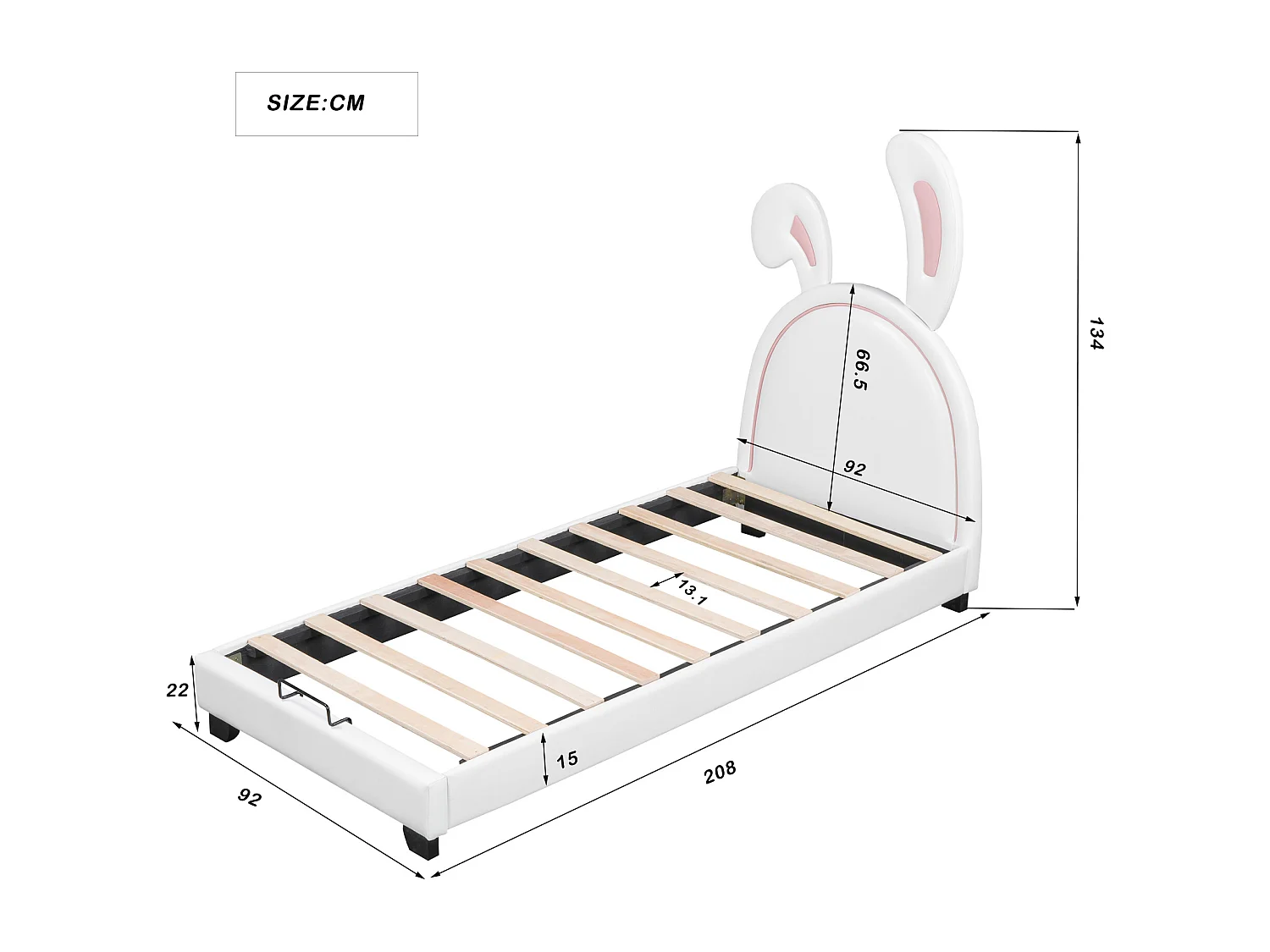 Cama infantil para niña 90x200 cm "orejas de conejo" - Blanco (sin colchón)