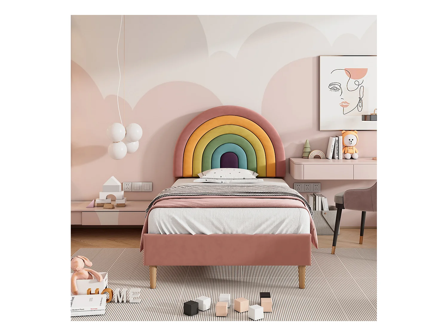 Lit enfant 90x200 cm - Tête de lit ajustable en hauteur - Velours rose tendance(matelas non fourni)
