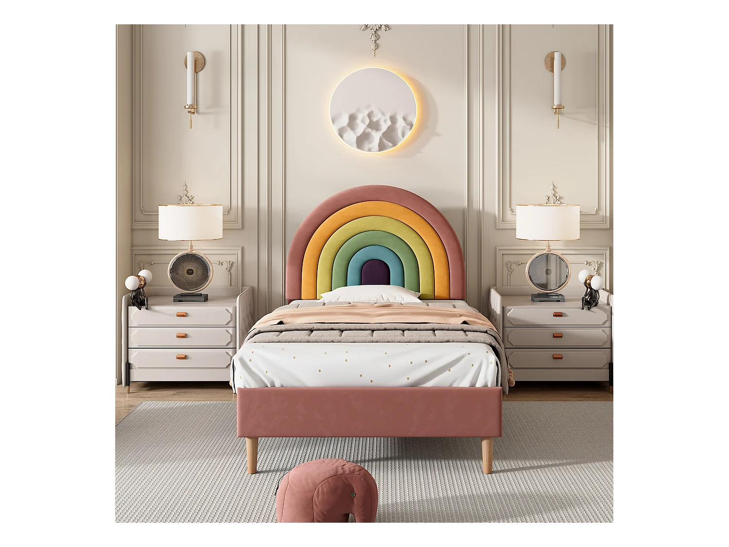 Lit enfant 90x200 cm - Tête de lit ajustable en hauteur - Velours rose tendance(matelas non fourni)
