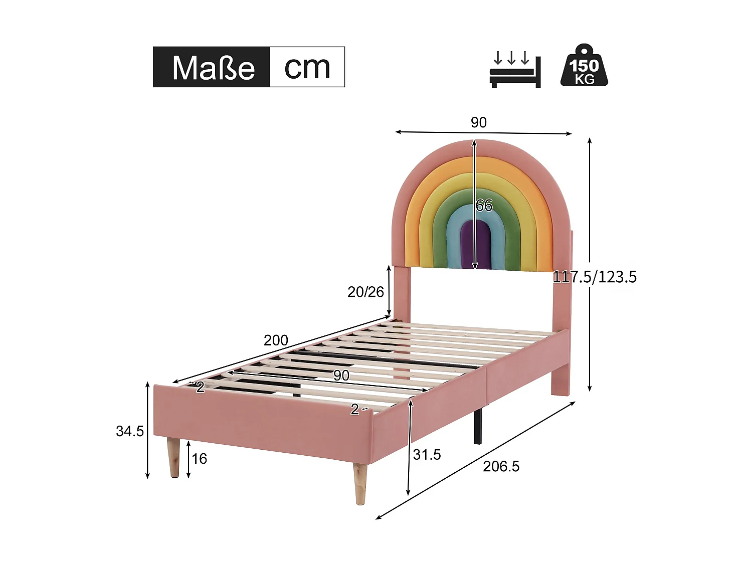 Lit enfant 90x200 cm - Tête de lit ajustable en hauteur - Velours rose tendance(matelas non fourni)